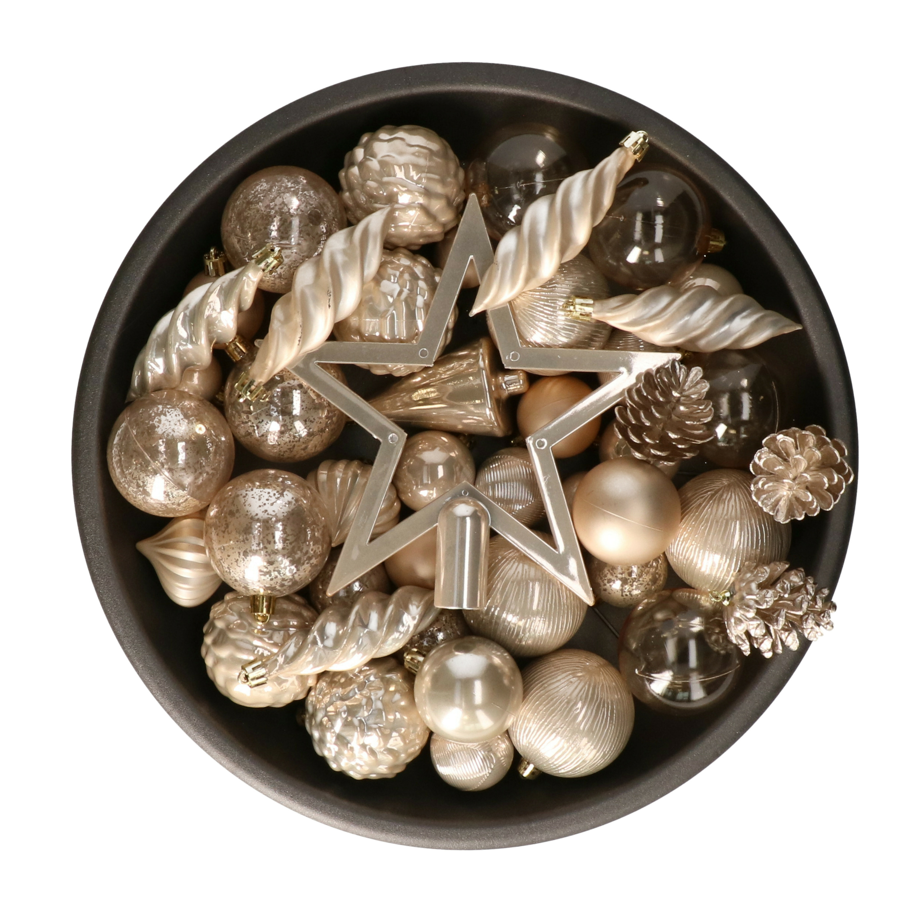 Decoris kerstballen, ornamenten en piek - set - 60-dlg -champagne-kunststof -