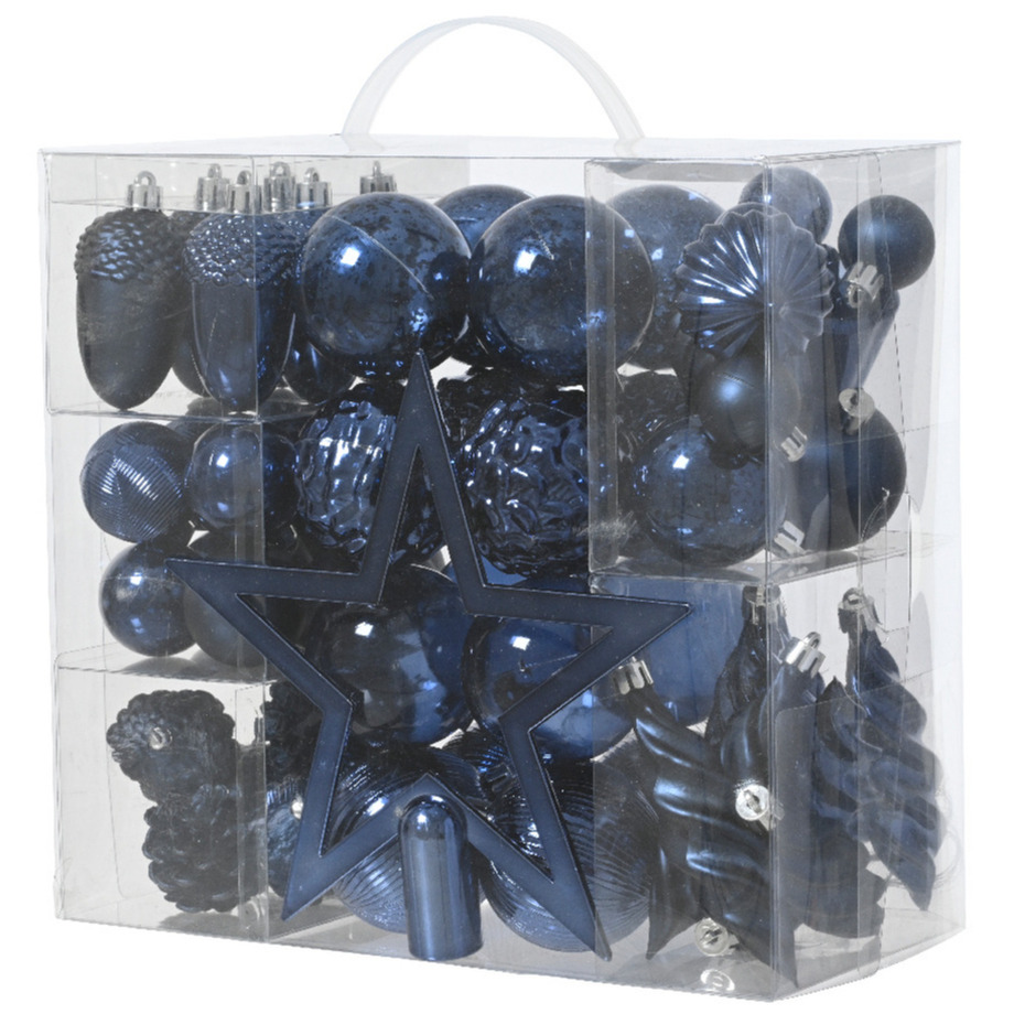 Decoris kerstballen, ornamenten en piek - set - 60-dlg -donkerblauw-kunststof -