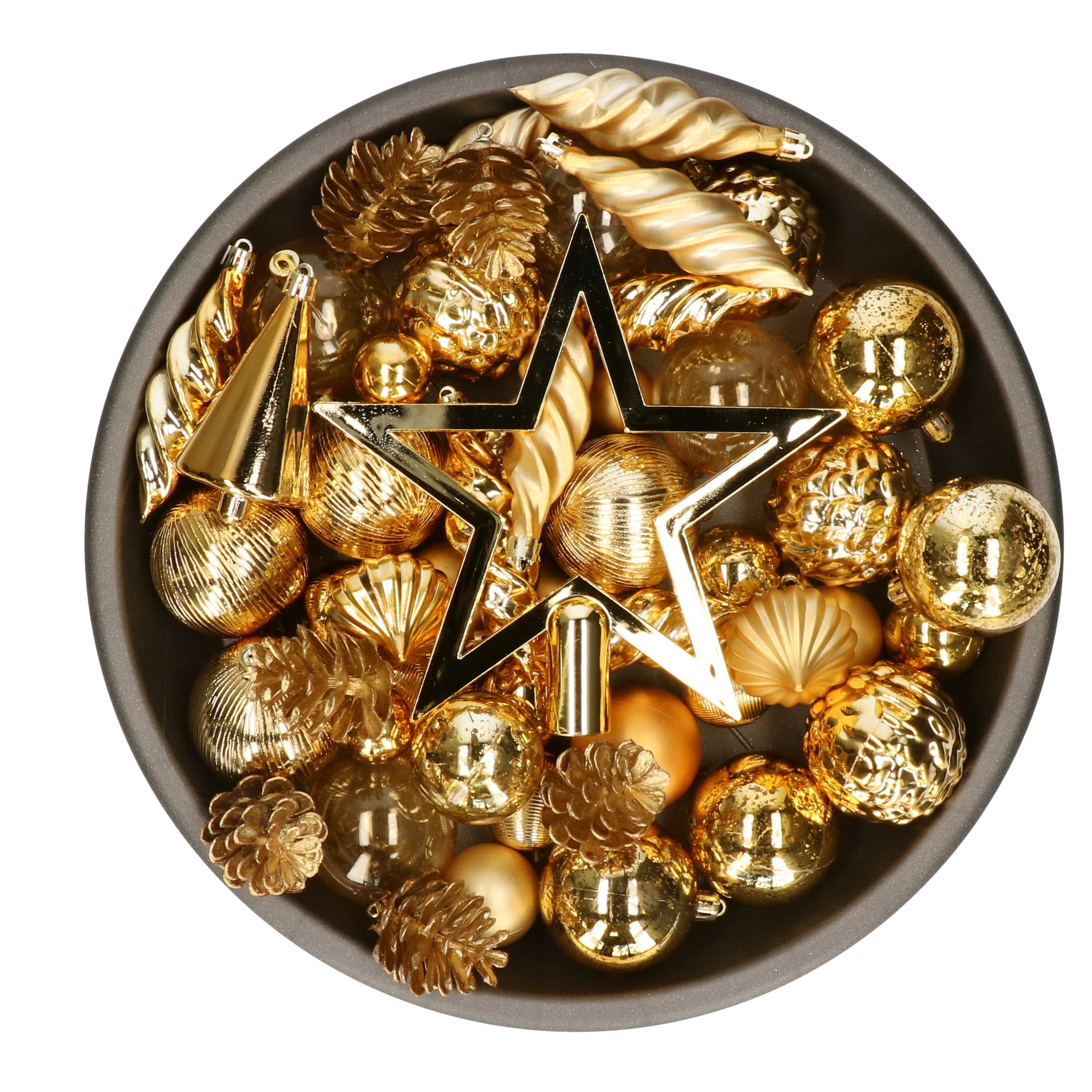 Decoris kerstballen, ornamenten en piek - set - 60-dlg -goud-kunststof -