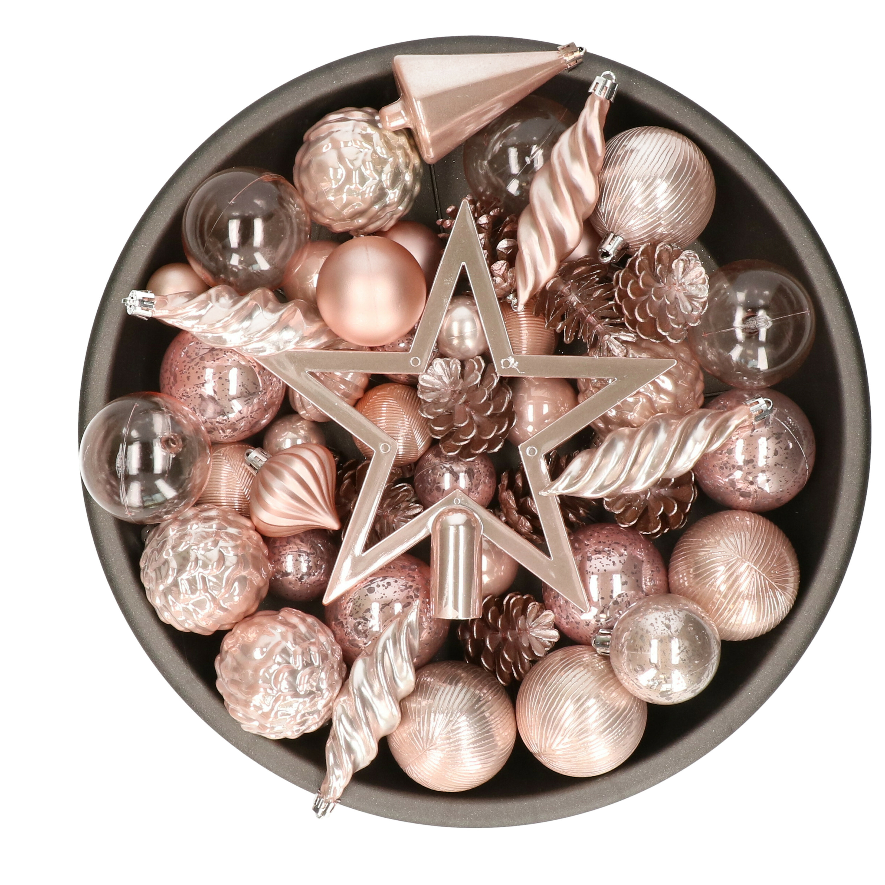 Decoris kerstballen, ornamenten en piek - set - 60-dlg -lichtroze-kunststof -