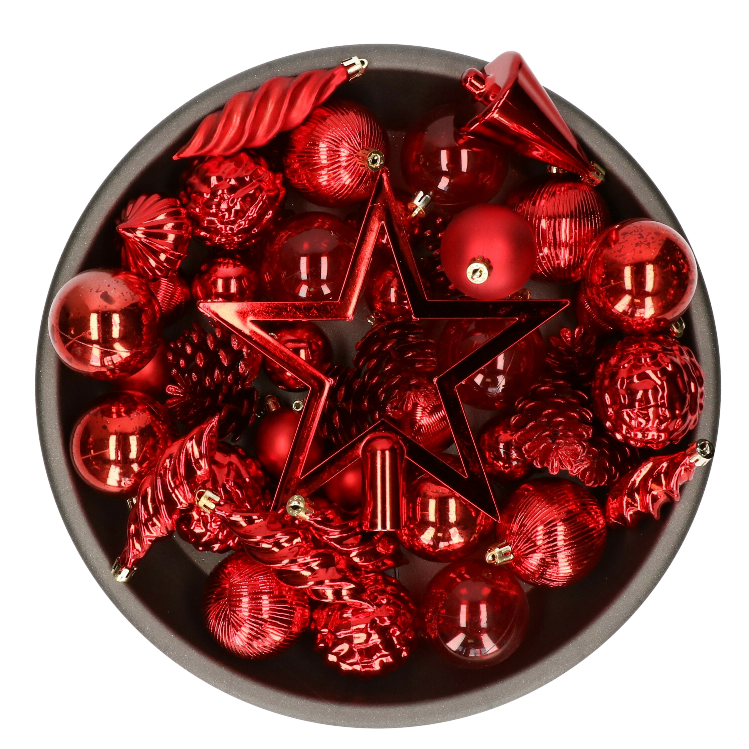 Decoris kerstballen, ornamenten en piek - set - 60-dlg -rood-kunststof -