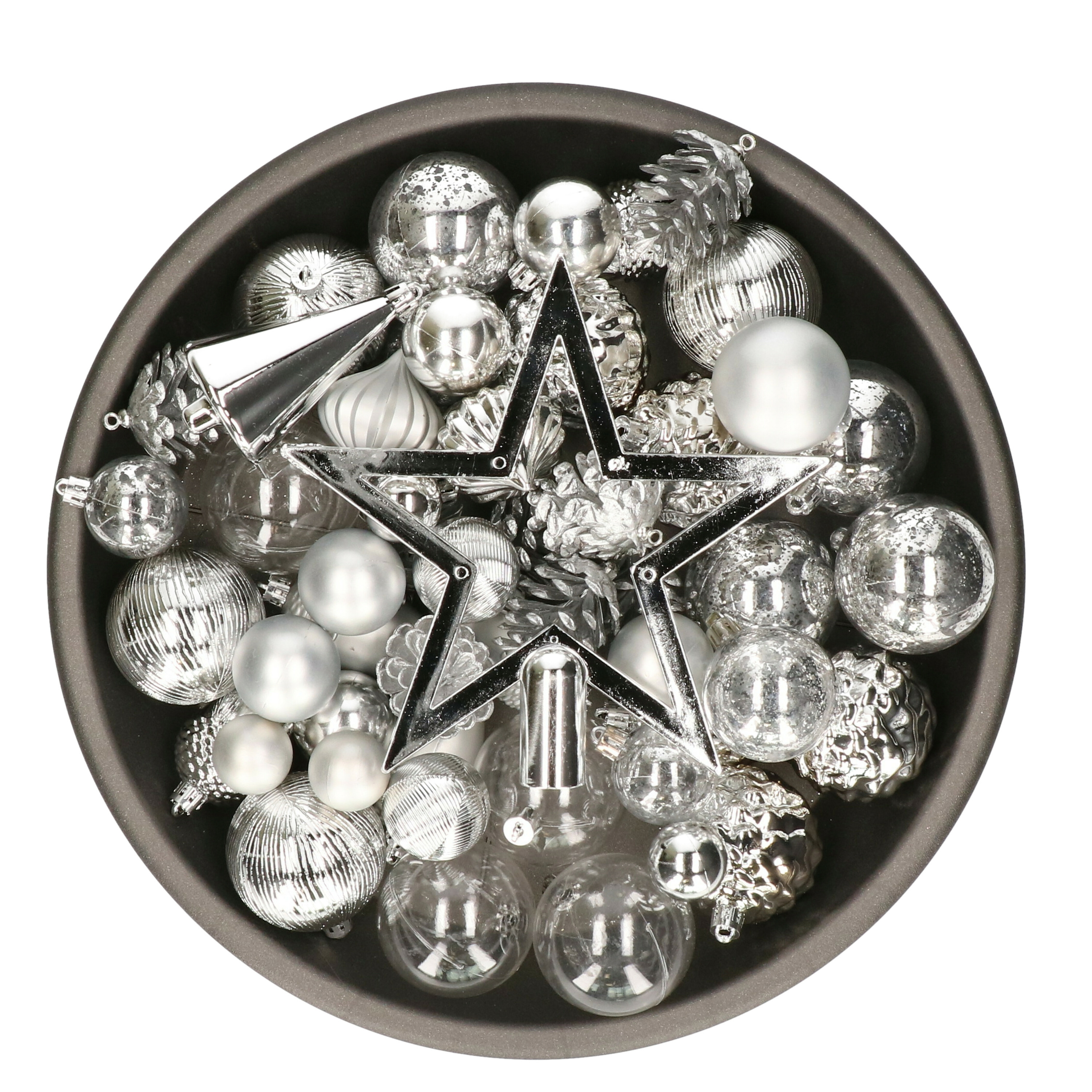 Decoris kerstballen, ornamenten en piek - set - 60-dlg -zilver-kunststof -