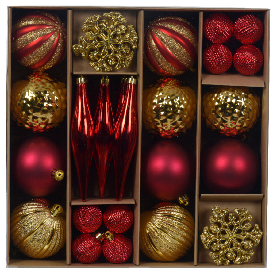 Decoris Kerstballen en ornamenten - 46-delig - rood/goud - kunststof -