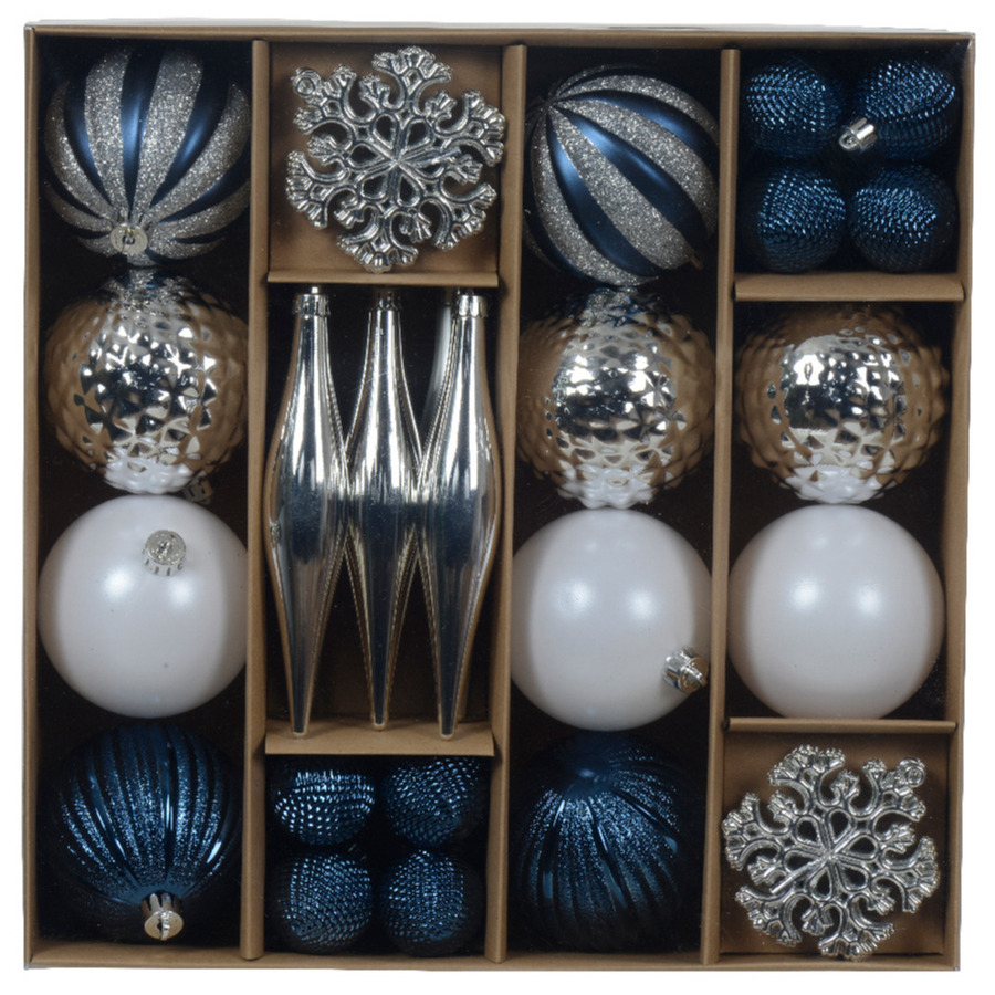 Decoris Kerstballen en ornamenten - 46-dlg - blauw/wit/zilver -