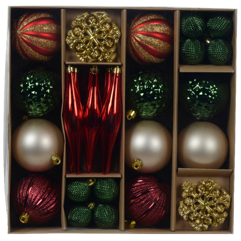 Decoris Kerstballen en ornamenten - 46-dlg - rood/groen/champagne -