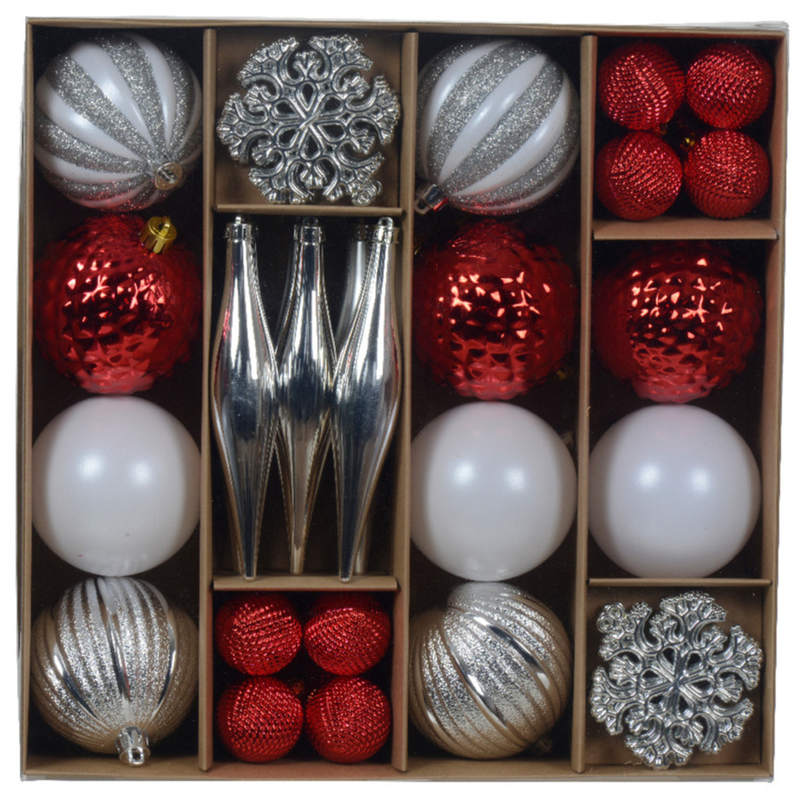 Decoris Kerstballen en ornamenten - 46-dlg - rood/wit/zilver -