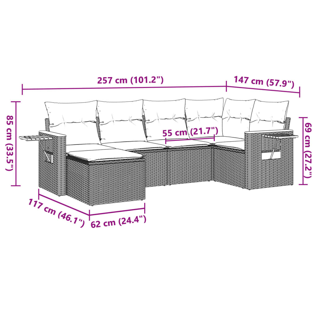 vidaXL 6-delige Loungeset met kussens poly rattan zwart