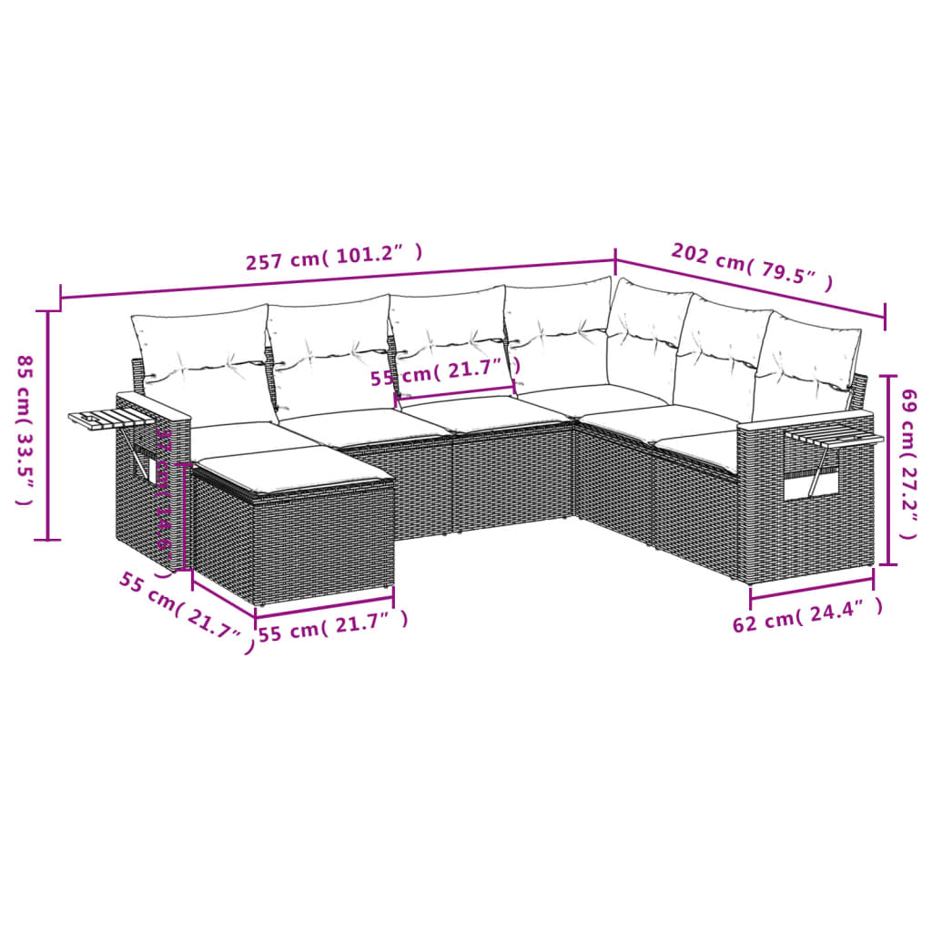 vidaXL 7-delige Loungeset met kussens poly rattan grijs