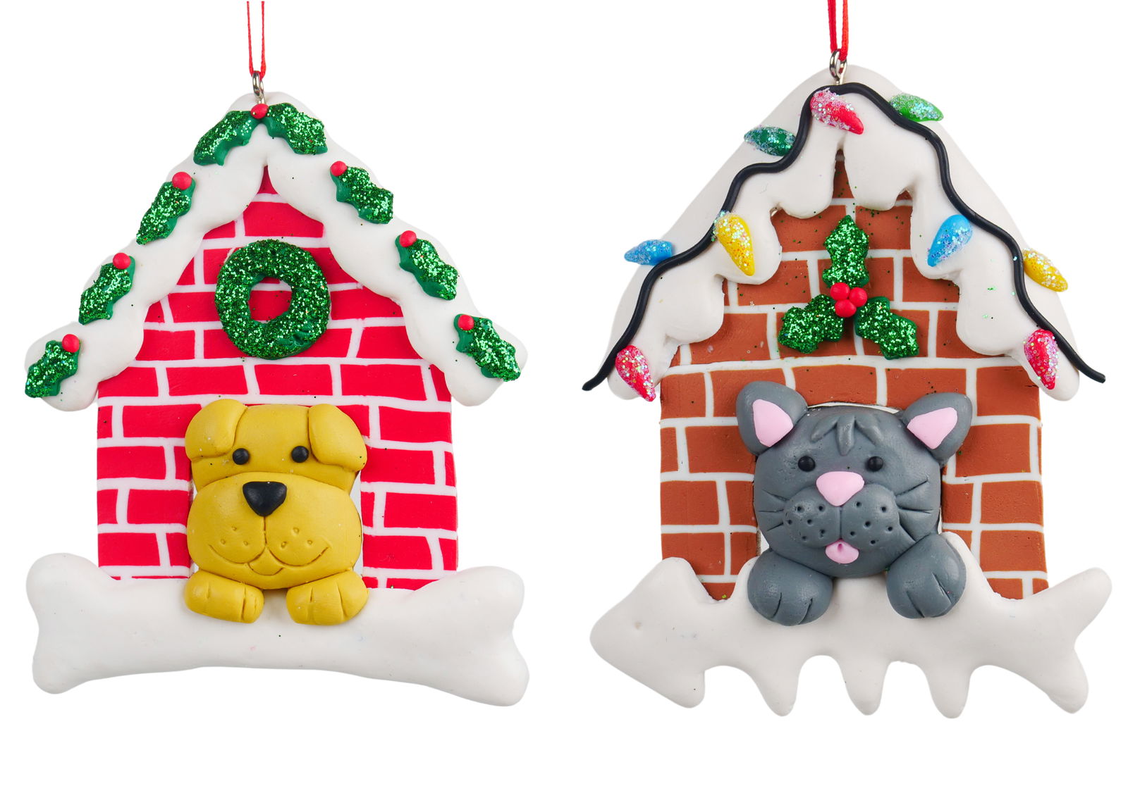 Kurt s. Adler 4.25 inch -4.375 inch H Clay Dough Cat/ Dog House Orna X 2. 5x5x10 cm kerstornament - 