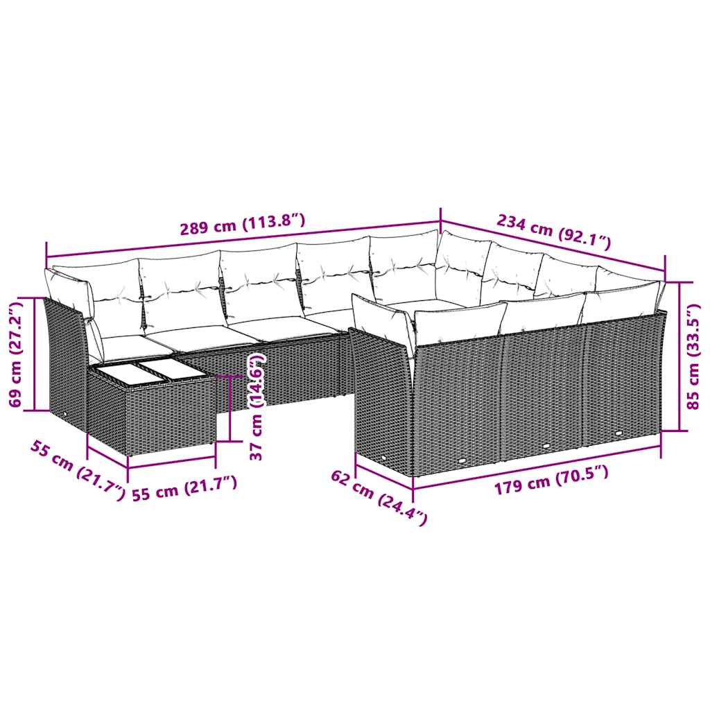 vidaXL 11-delige Loungeset met kussens poly rattan lichtgrijs