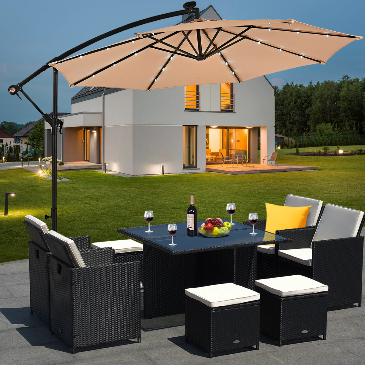 Costway Φ300cm LED Patio Parasol met Handslinger en Kantel Aanpassing Buiten Cantilever Opknoping Markt Patio Paraplu Bourgondië/Bruin/Blauw/Beige