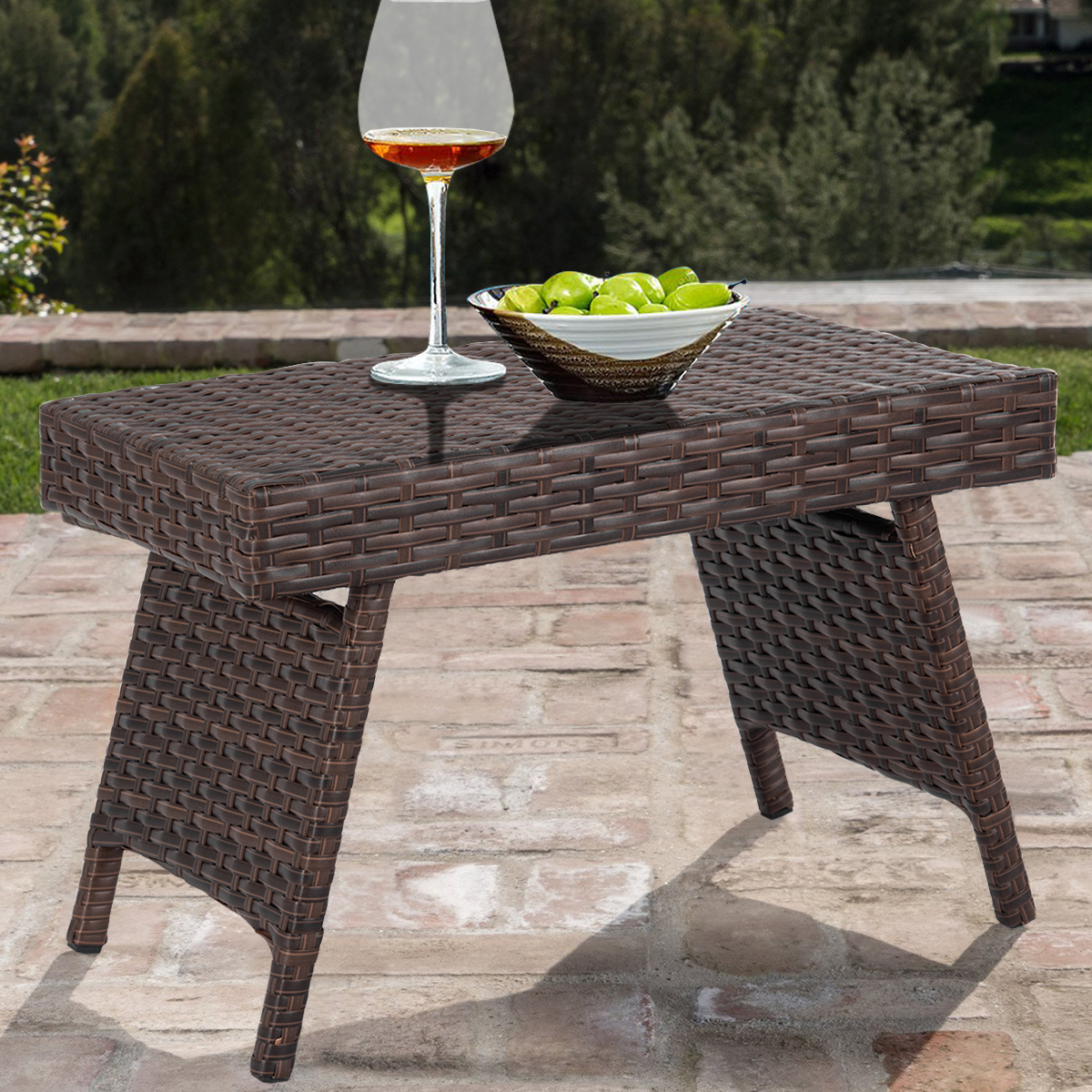 Costway Rotan tafel opklapbaar kleine tuintafel bistrotafel met stalen frame bruin 60 x 40 x 39 cm