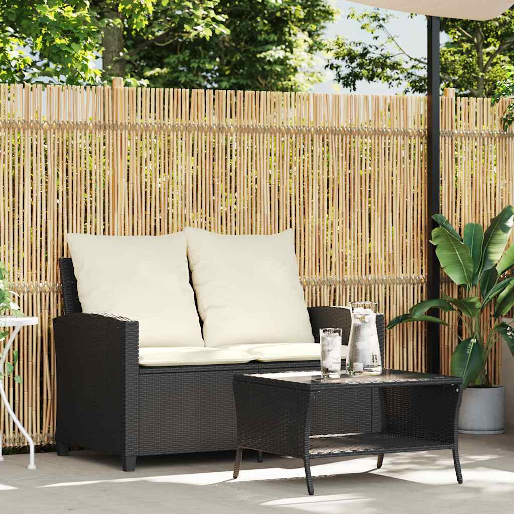 vidaXL Tuinbank 2-zits met kussens & tafel poly rattan zwart