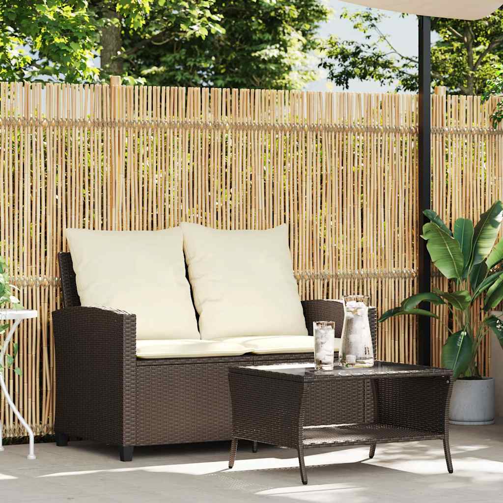 vidaXL Tuinbank 2-zits met kussens & tafel poly rattan bruin