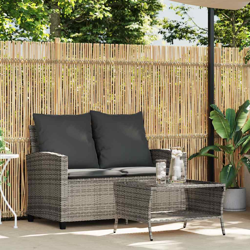 vidaXL Tuinbank 2-zits met kussens & tafel poly rattan grijs