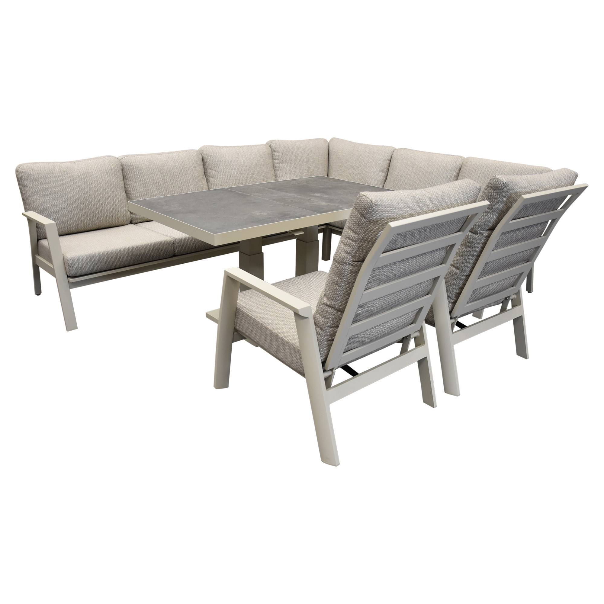 AVH-Collectie Barolo hoek dining loungeset 6 delig aluminium verstelbare tafel latte