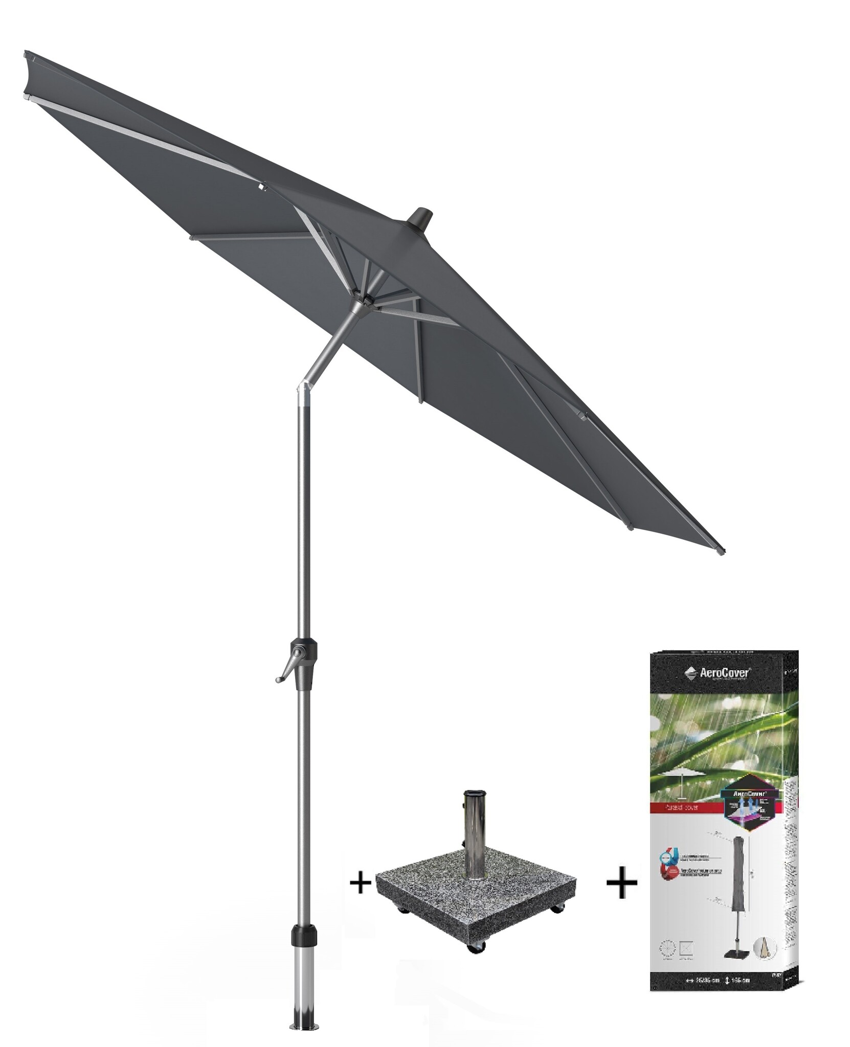 Platinum Riva parasol 250 cm rond antraciet met kniksysteem met 40 KG voet en hoes