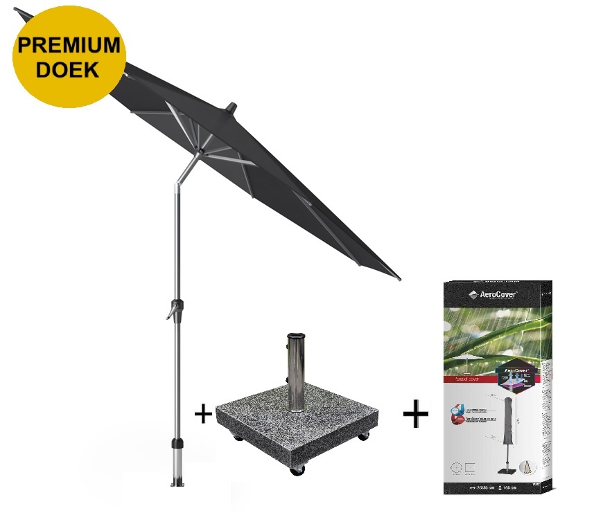 Platinum Riva premium parasol 300 cm rond faded black met kniksysteem met 40KG voet en hoes