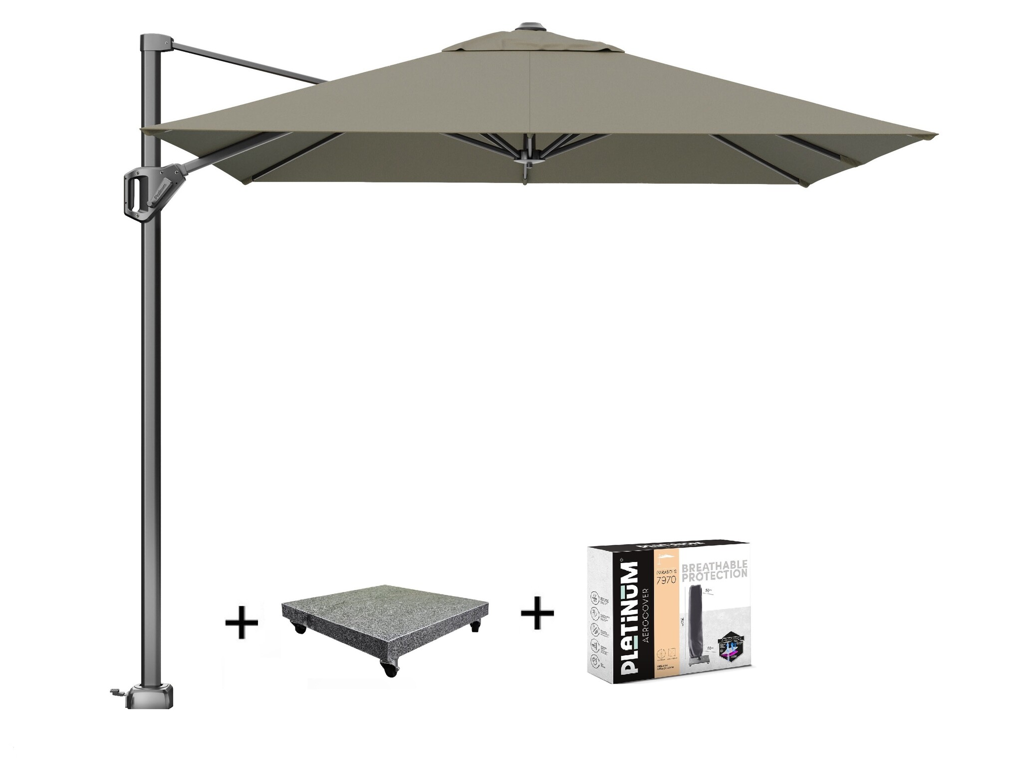 Platinum Voyager T1 zweefparasol 250x250 cm taupe met 75 KG voet en hoes