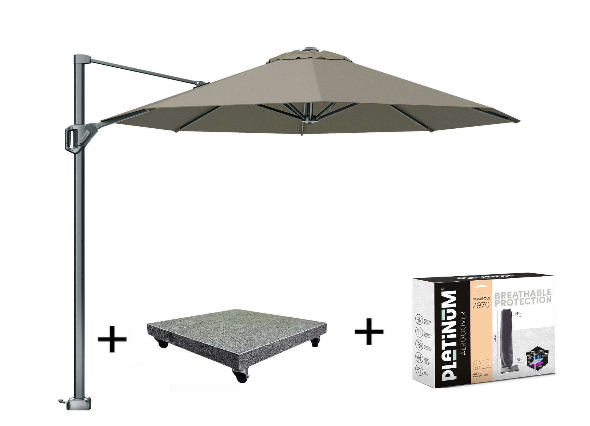 Platinum Voyager T1 zweefparasol 300 cm rond taupe met 75KG voet en hoes