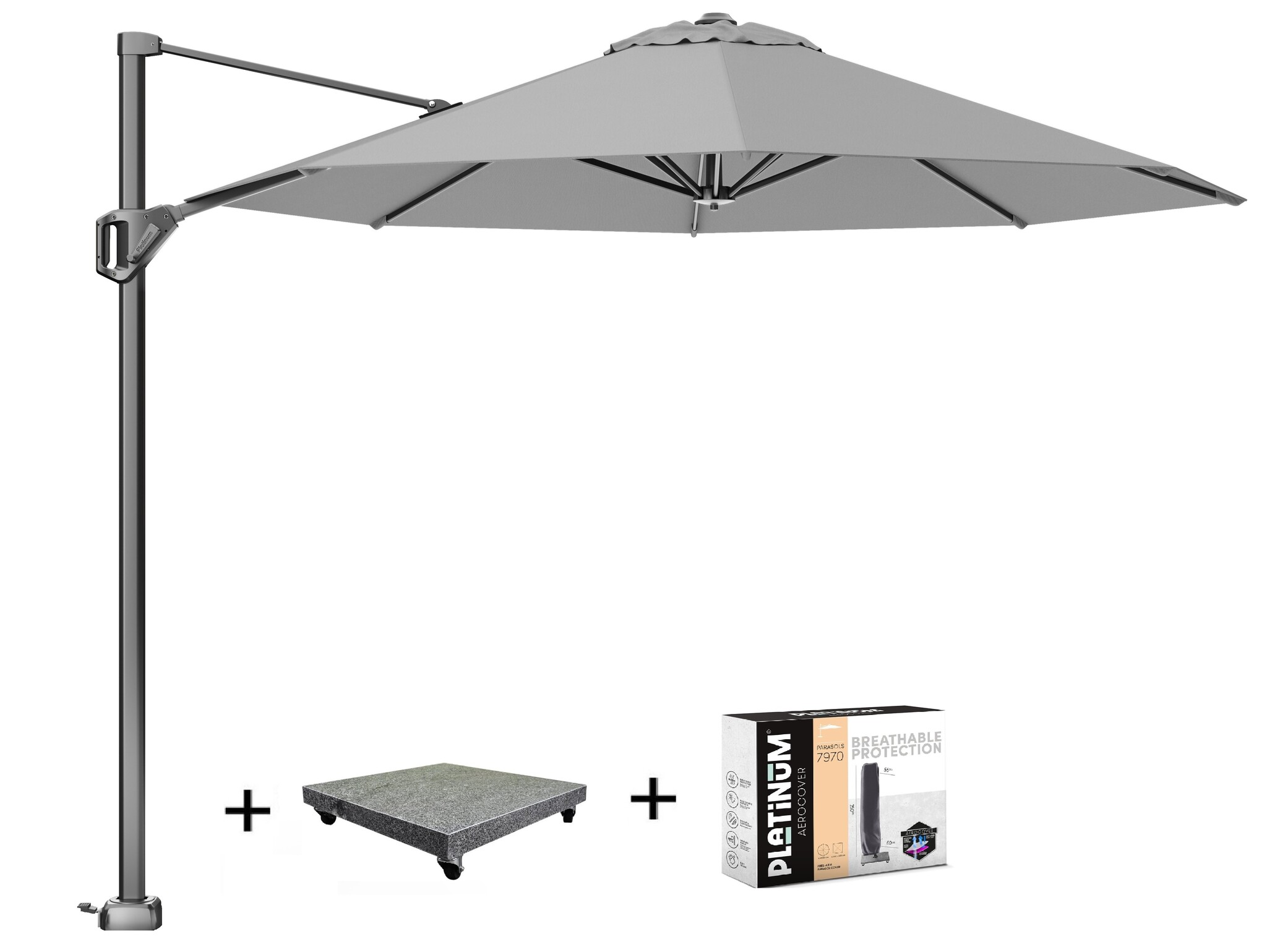 Platinum Voyager T1 zweefparasol 300 cm rond lichtgrijs met 75KG voet en hoes