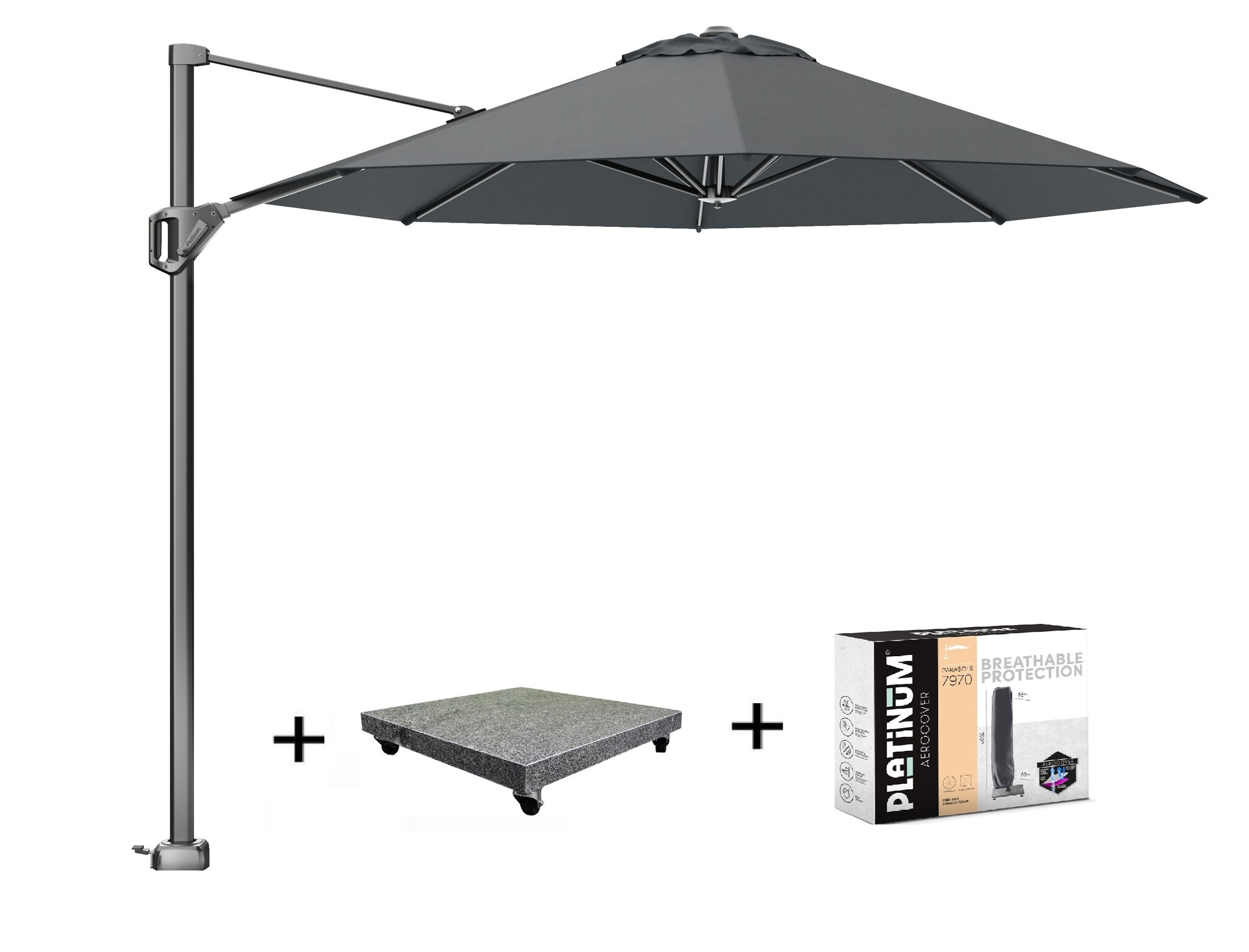 Platinum Voyager T1 zweefparasol 300 cm rond antraciet met 75KG voet en hoes