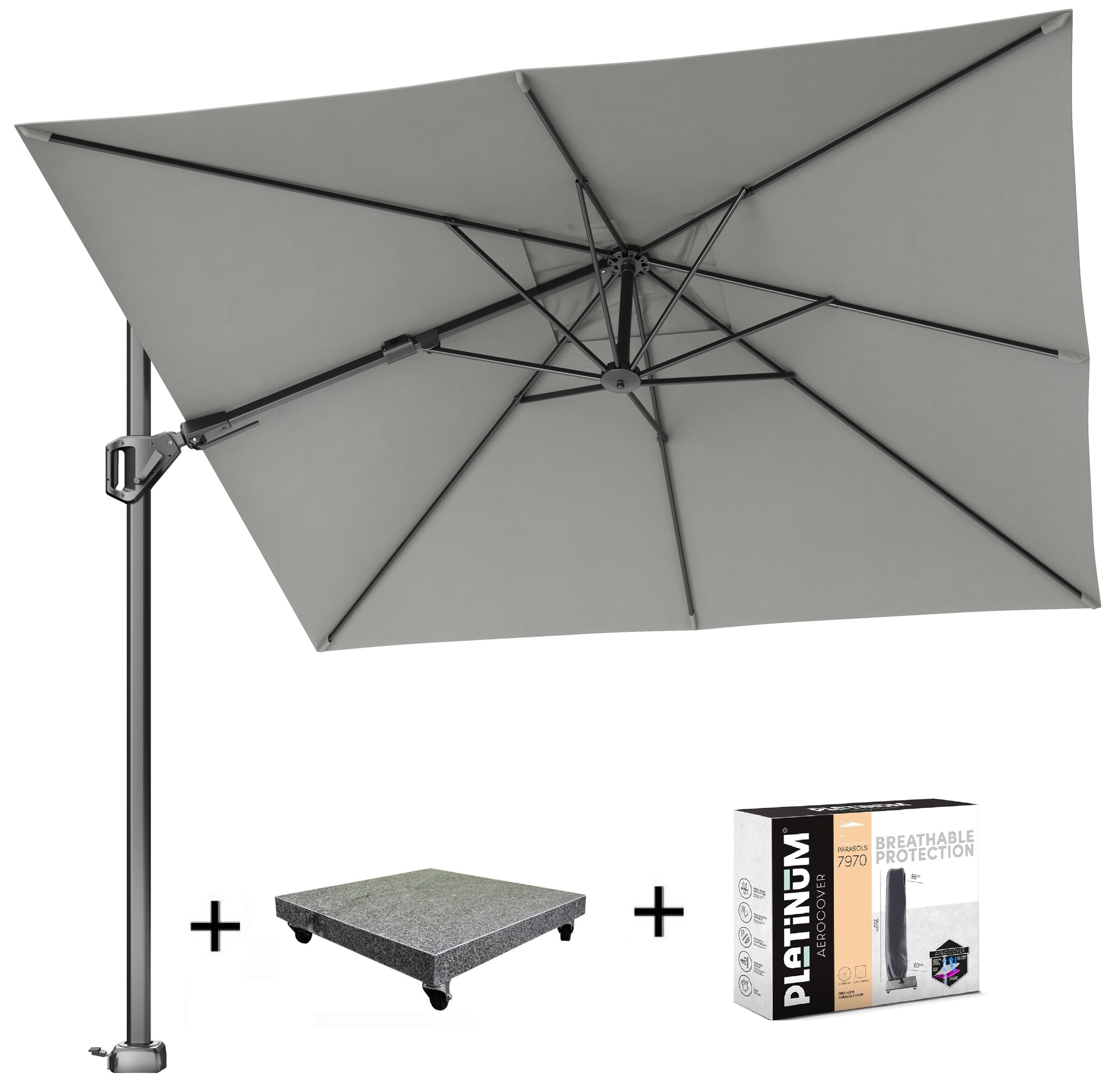 Platinum Voyager T2 zweefparasol 270x270 cm Manhattan met 75KG voet en hoes