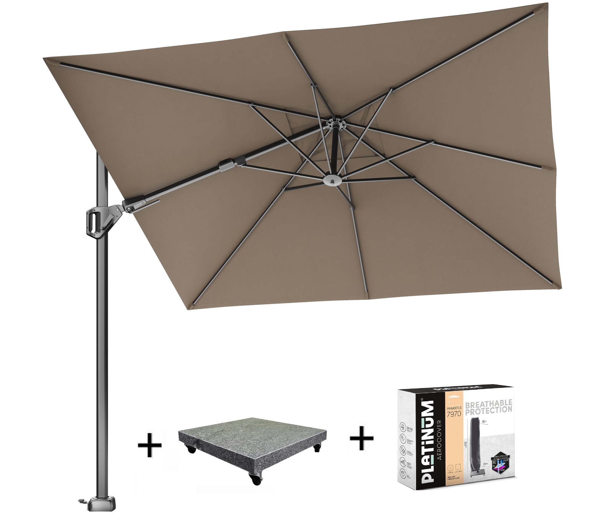 Platinum Voyager T2 zweefparasol 270x270 cm Havanna met 75 KG voet en hoes