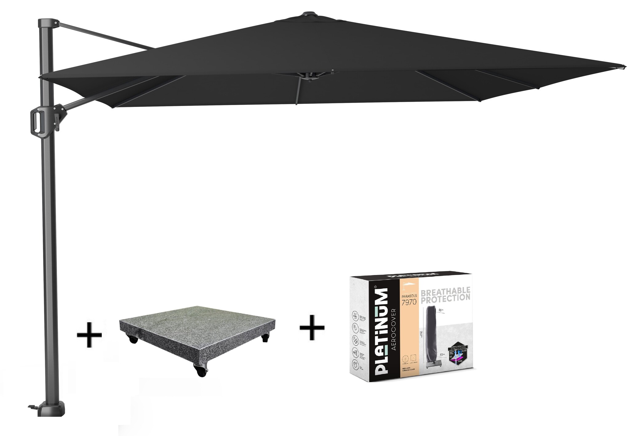 Platinum Challenger T1 zweefparasol 300x300 cm zwart met 90KG voet en hoes