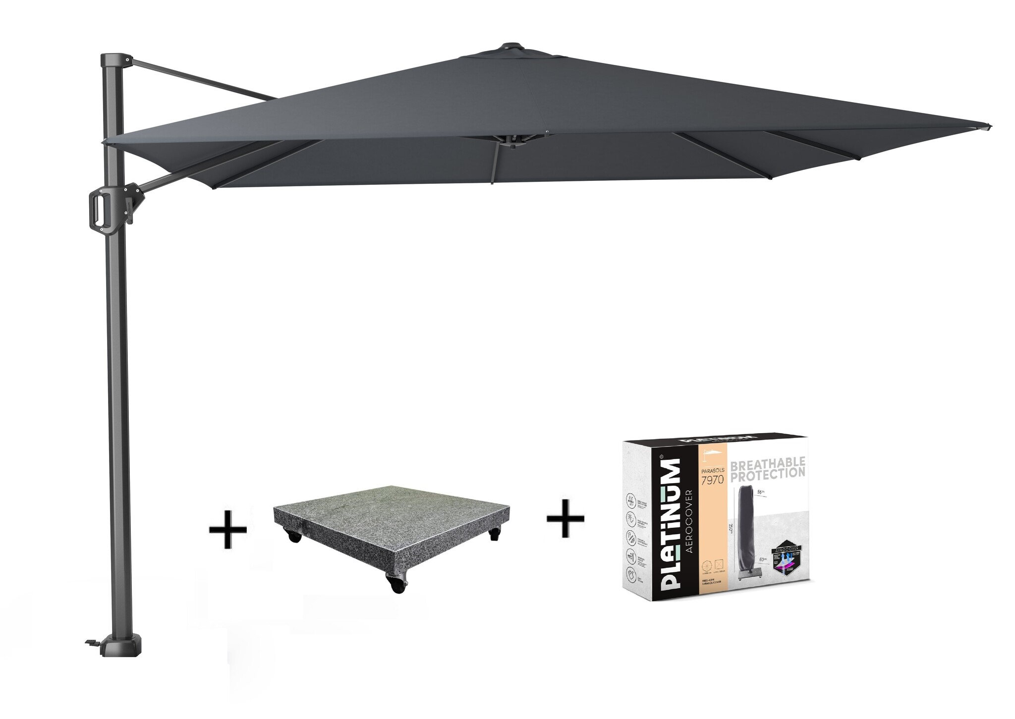 Platinum Challenger T1 zweefparasol 300x300 cm antraciet  met 90KG voet en hoes