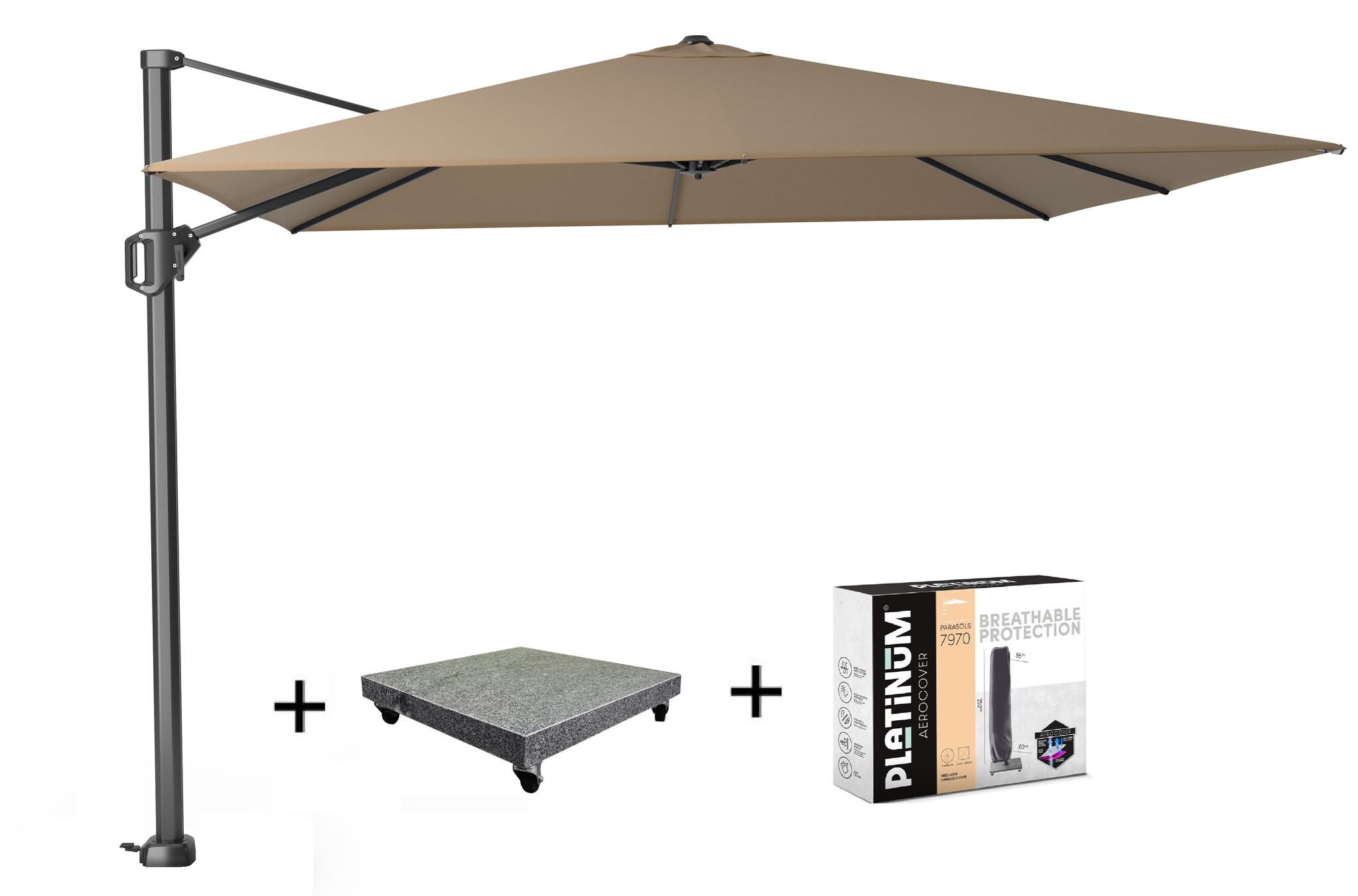 Platinum Challenger T1 zweefparasol 300x300 cm taupe  met  parasolvoet 90kg en hoes