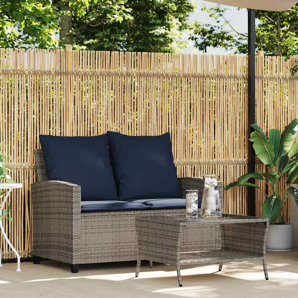 vidaXL Tuinbank 2-zits met kussens & tafel poly rattan grijs