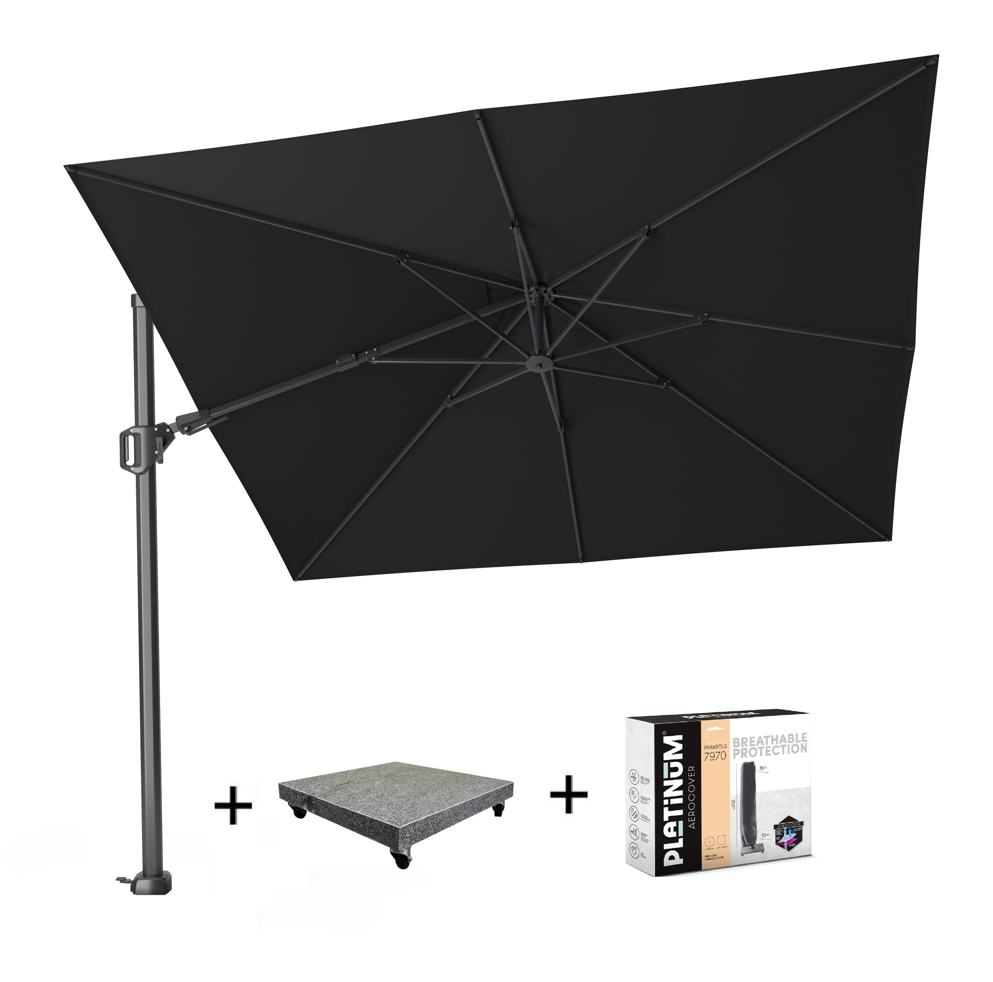 Platinum Challenger T2 zweefparasol 300x300 cm zwart  met 90KG voet en hoes