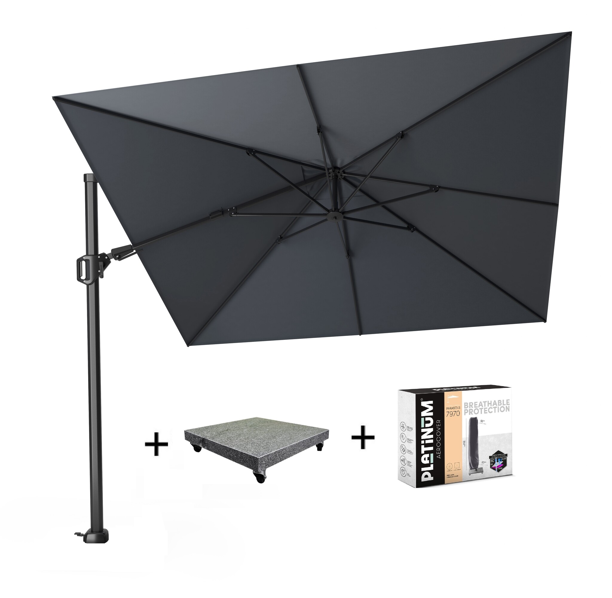 Platinum Challenger T2 zweefparasol 300x300 cm antraciet met 90 KG voet en hoes