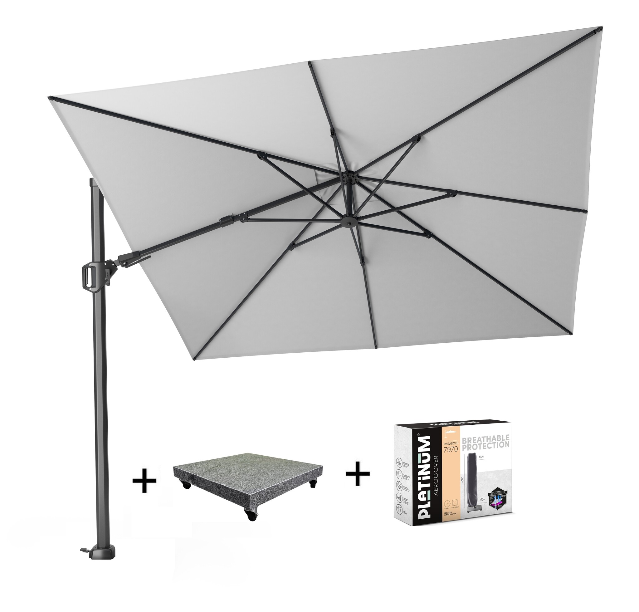 Platinum Challenger T2 zweefparasol 300x300 cm wit met 90KG voet en hoes