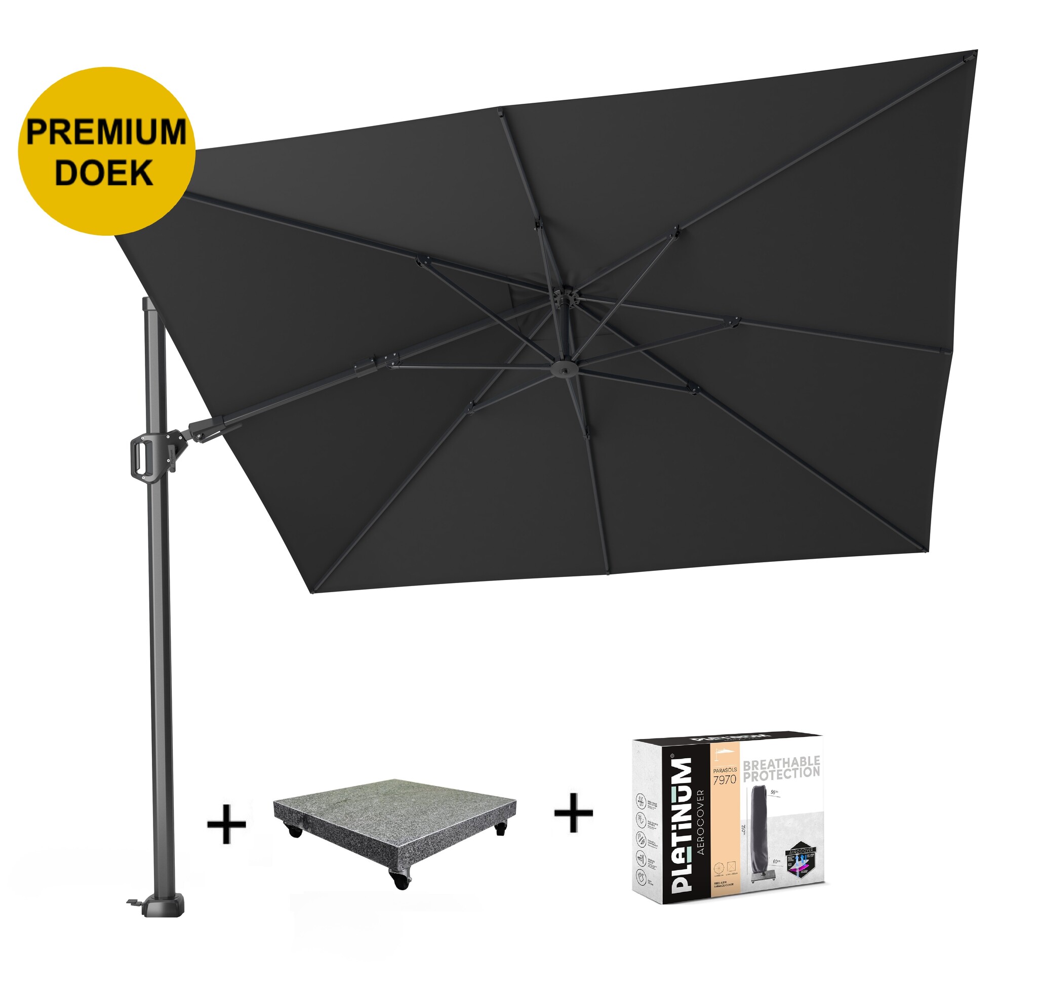 Platinum Challenger T2 premium zweefparasol 300x300 cm faded black met 90KG voet en hoes