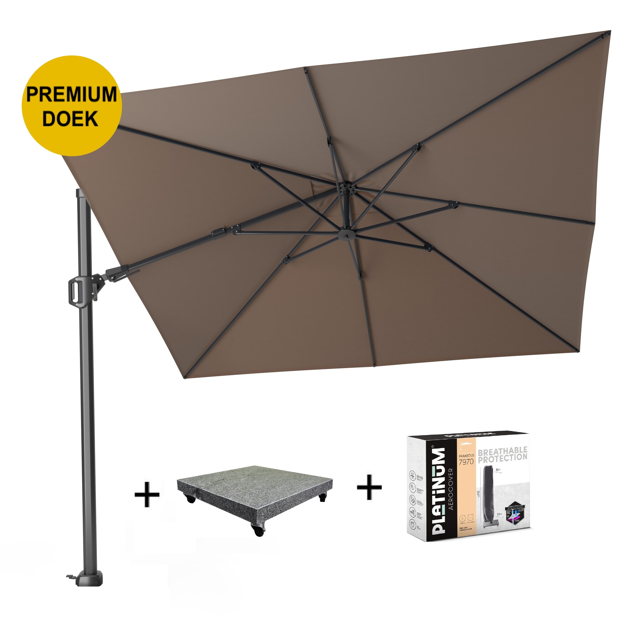 Platinum Challenger T2 premium zweefparasol 300x300 cm havanna  met 90 KG voet en hoes