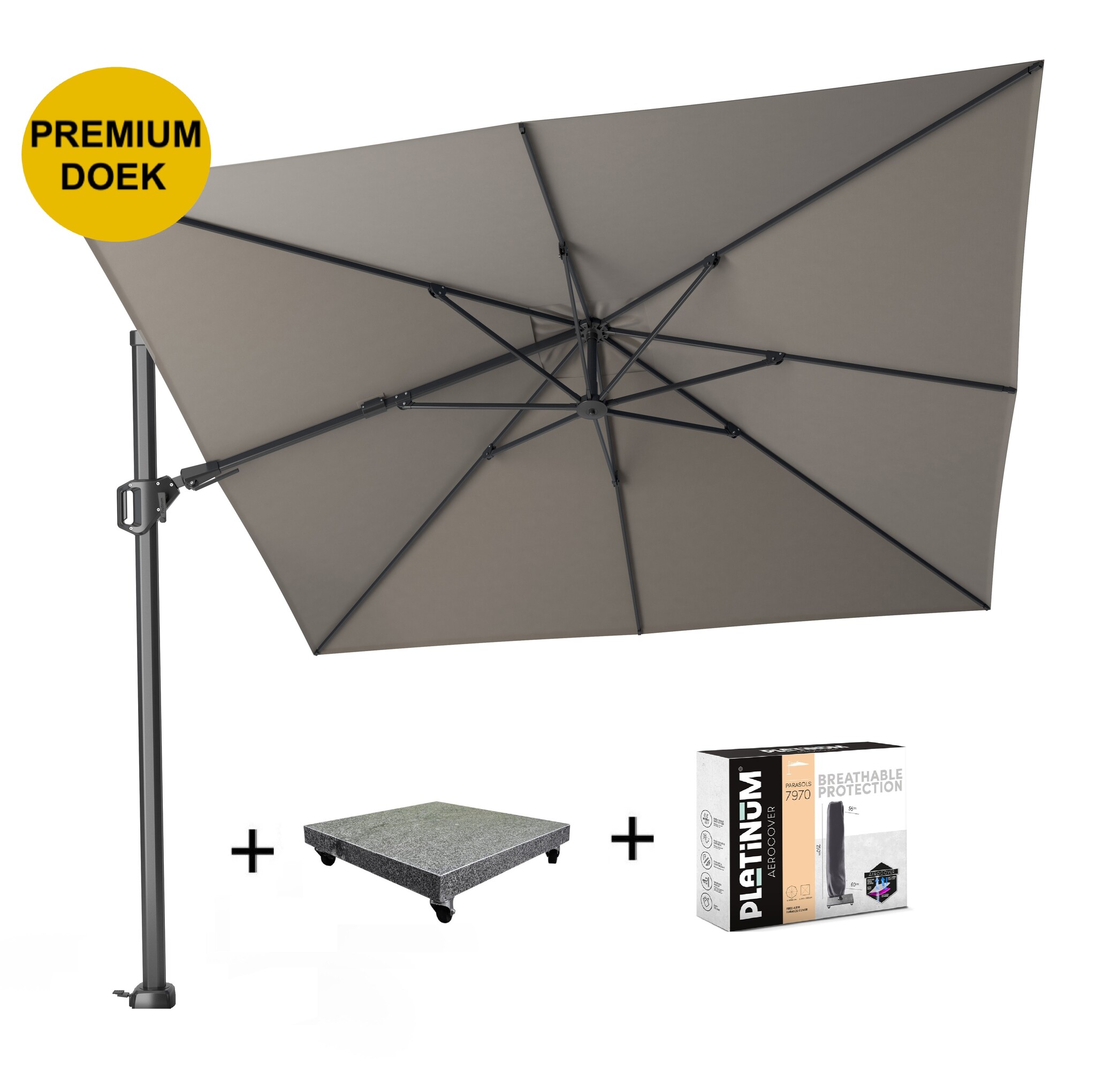 Platinum Challenger T2 premium zweefparasol 300x300 cm manhattan  met 90 KG voet en hoes