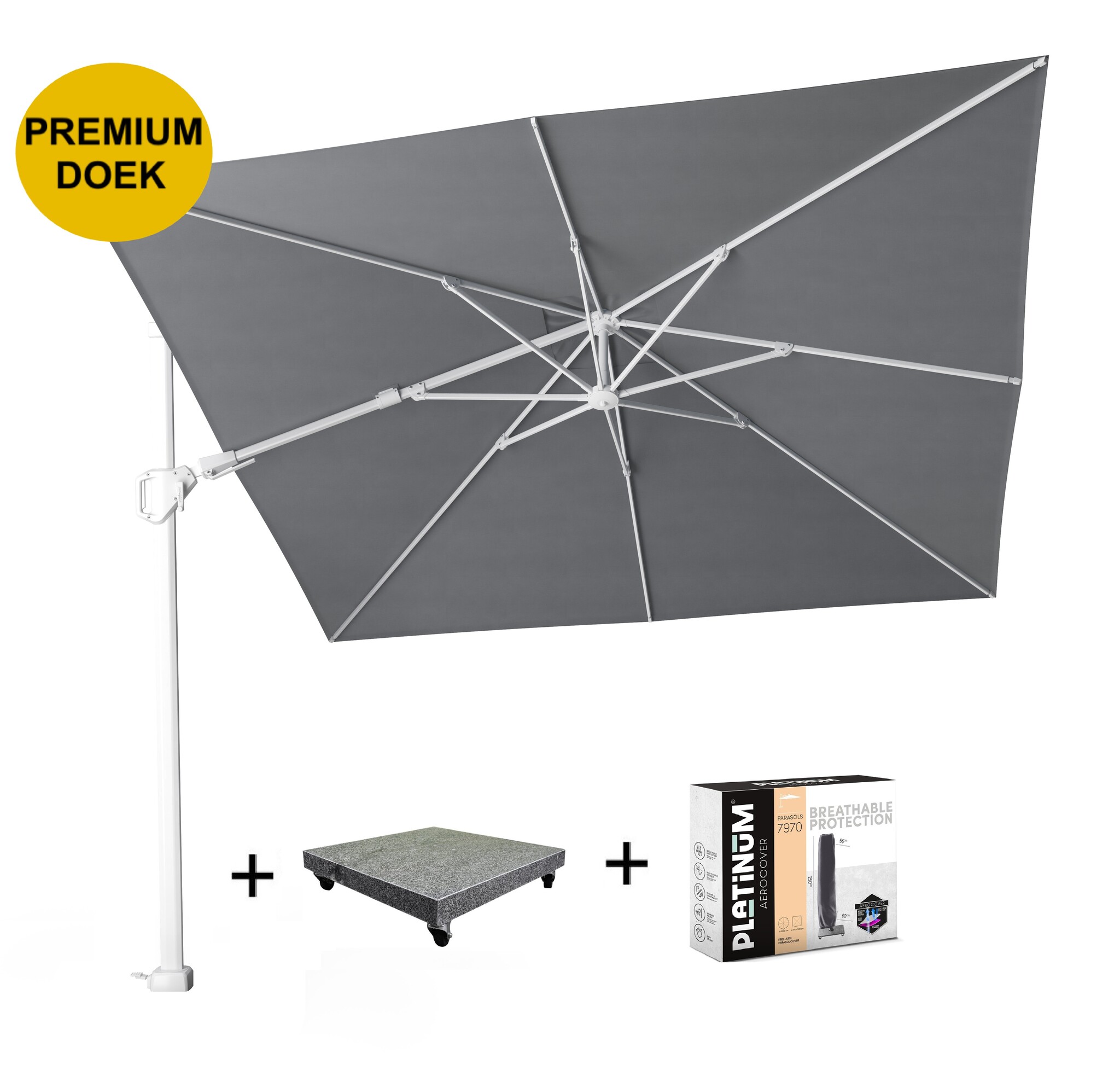 Platinum Challenger T2 premium zweefparasol 300x300 cm witte mast manhattan met 90KG voet en hoes