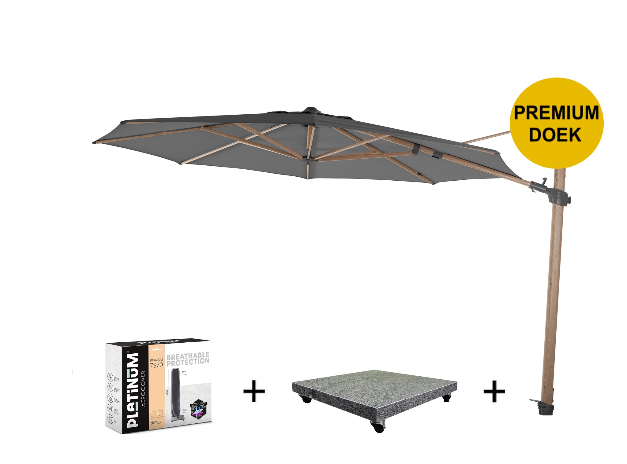 4 Seasons Outdoor Siesta premium zweefparasol 350 cmØ houtlook frame charcoal met 90KG voet en hoes 