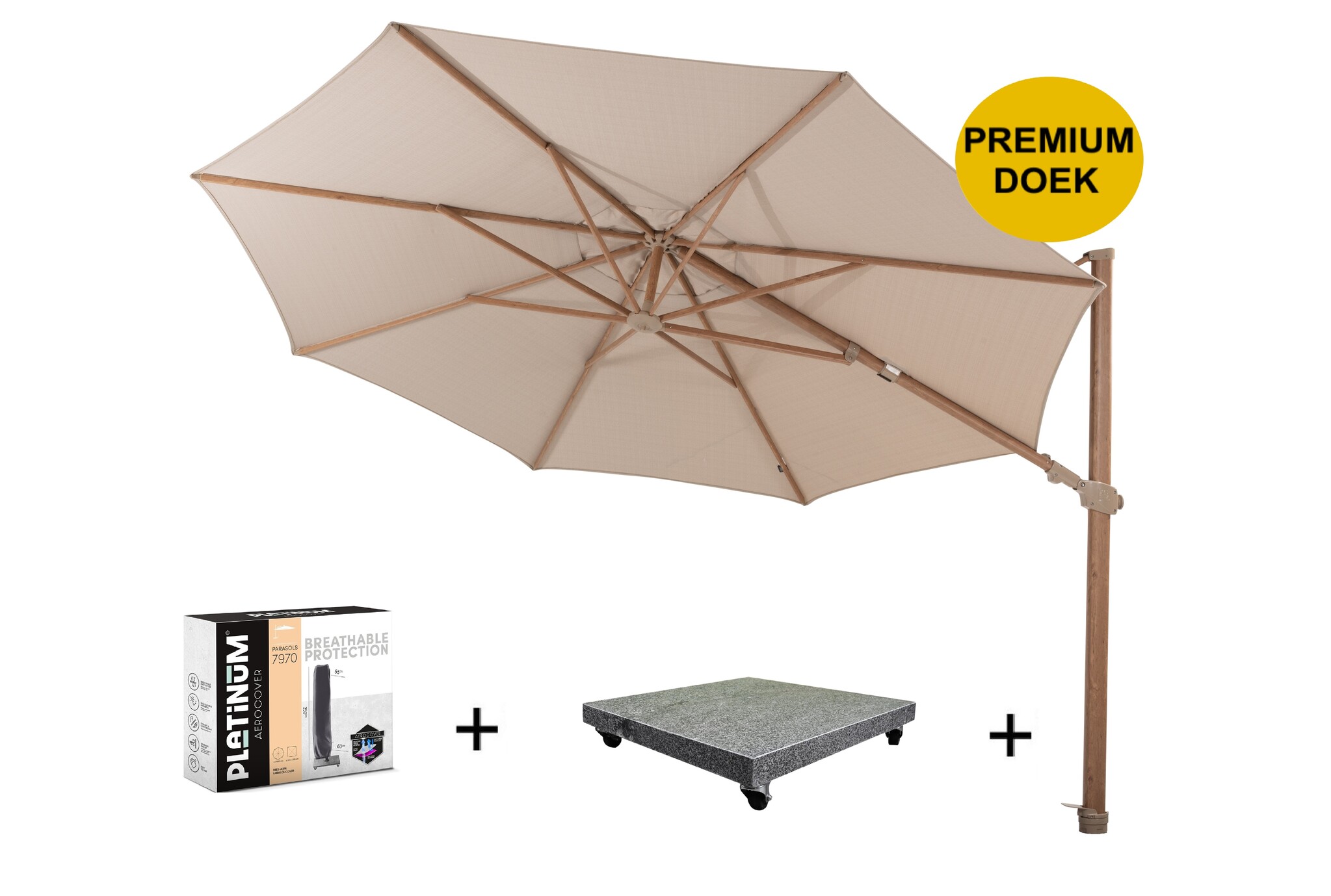 4 Seasons Outdoor Siesta premium zweefparasol 350 cmØ houtlook frame sand  met 90 kg voet en hoes