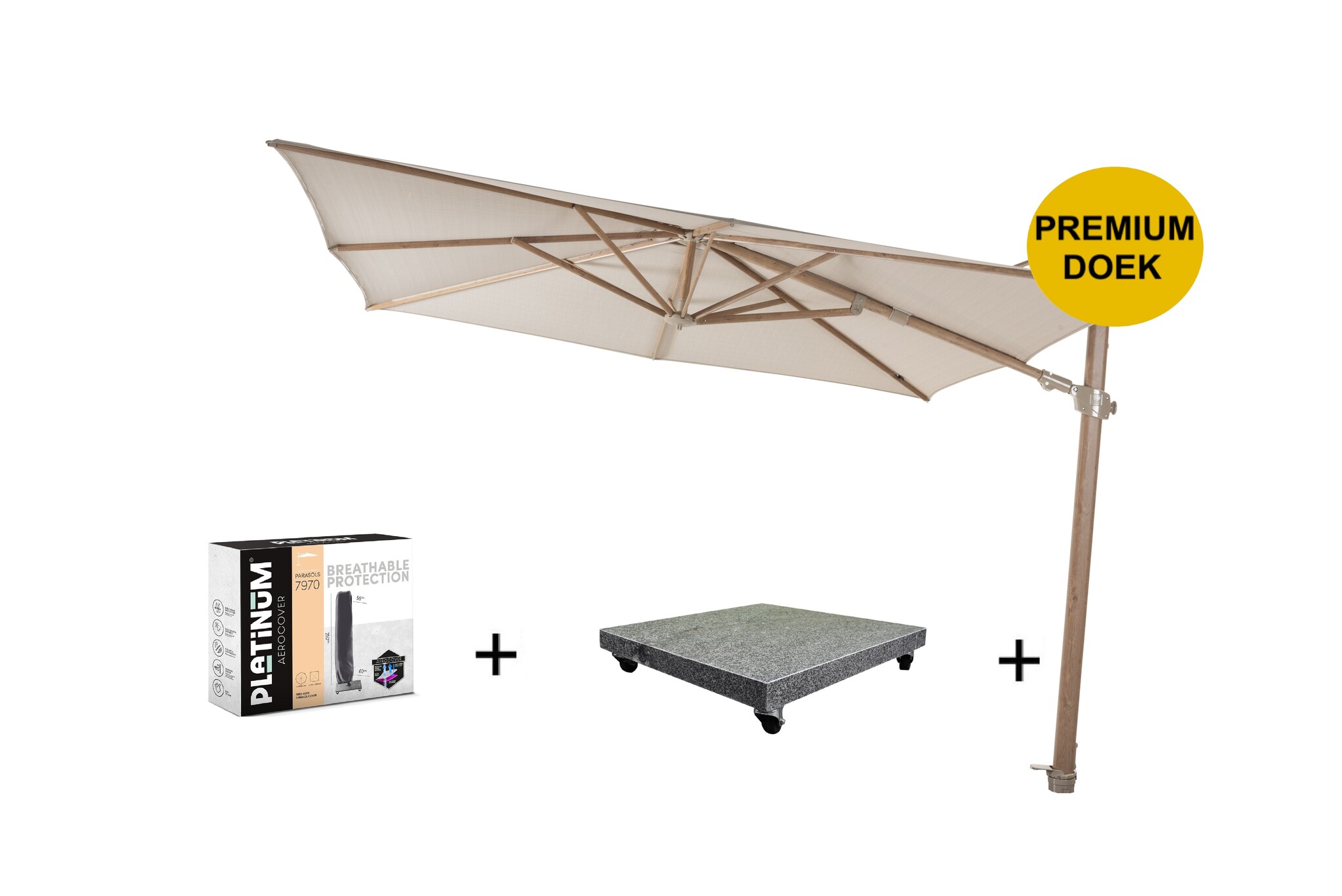 4 Seasons Outdoor Siesta premium zweefparasol 300x300 cm houtlook sand  met 90 KG voet en hoes