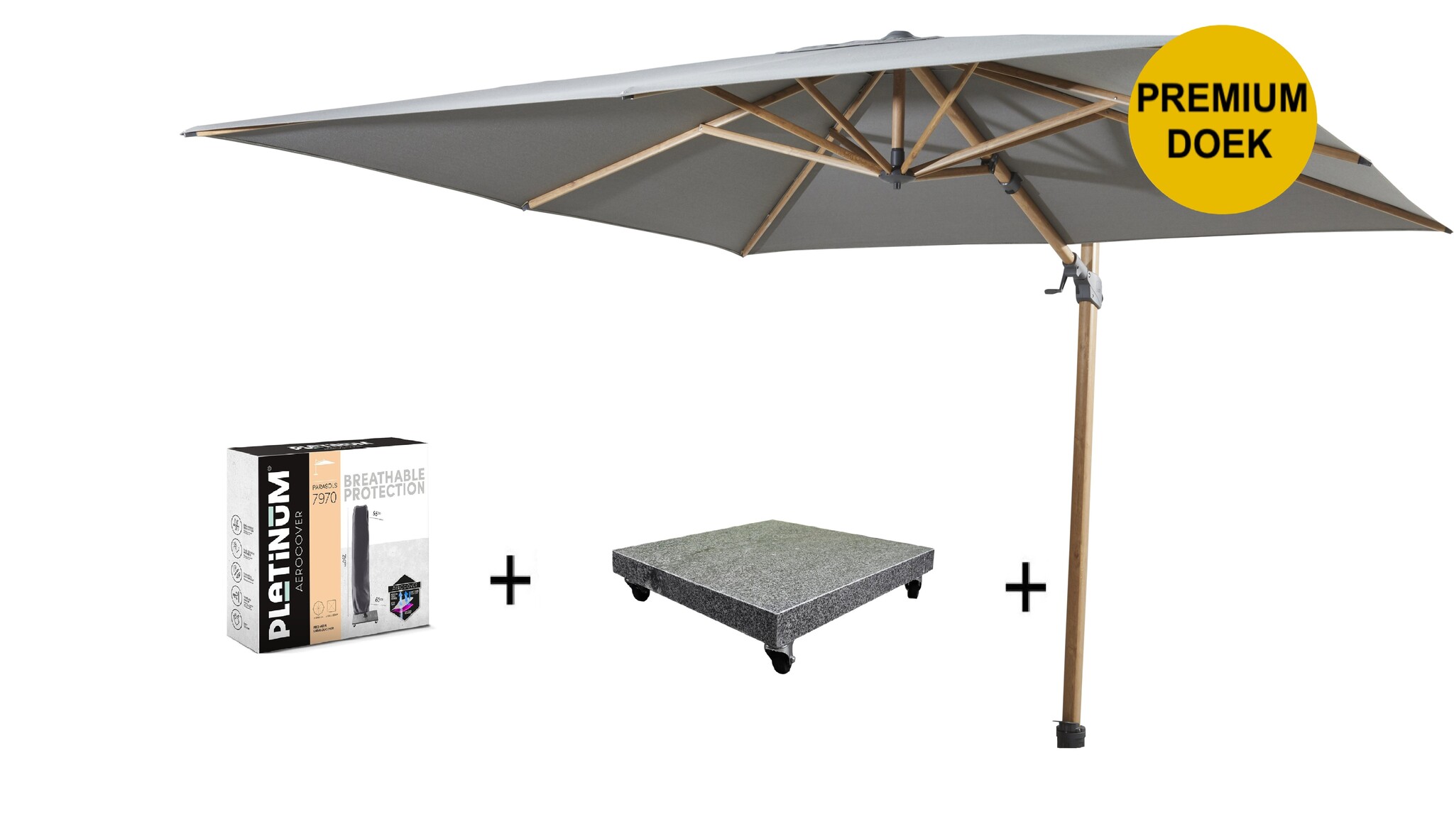 4 Seasons Outdoor Siesta premium zweefparasol 300x300 cm houtlook charcoal  met 90KG voet en hoes