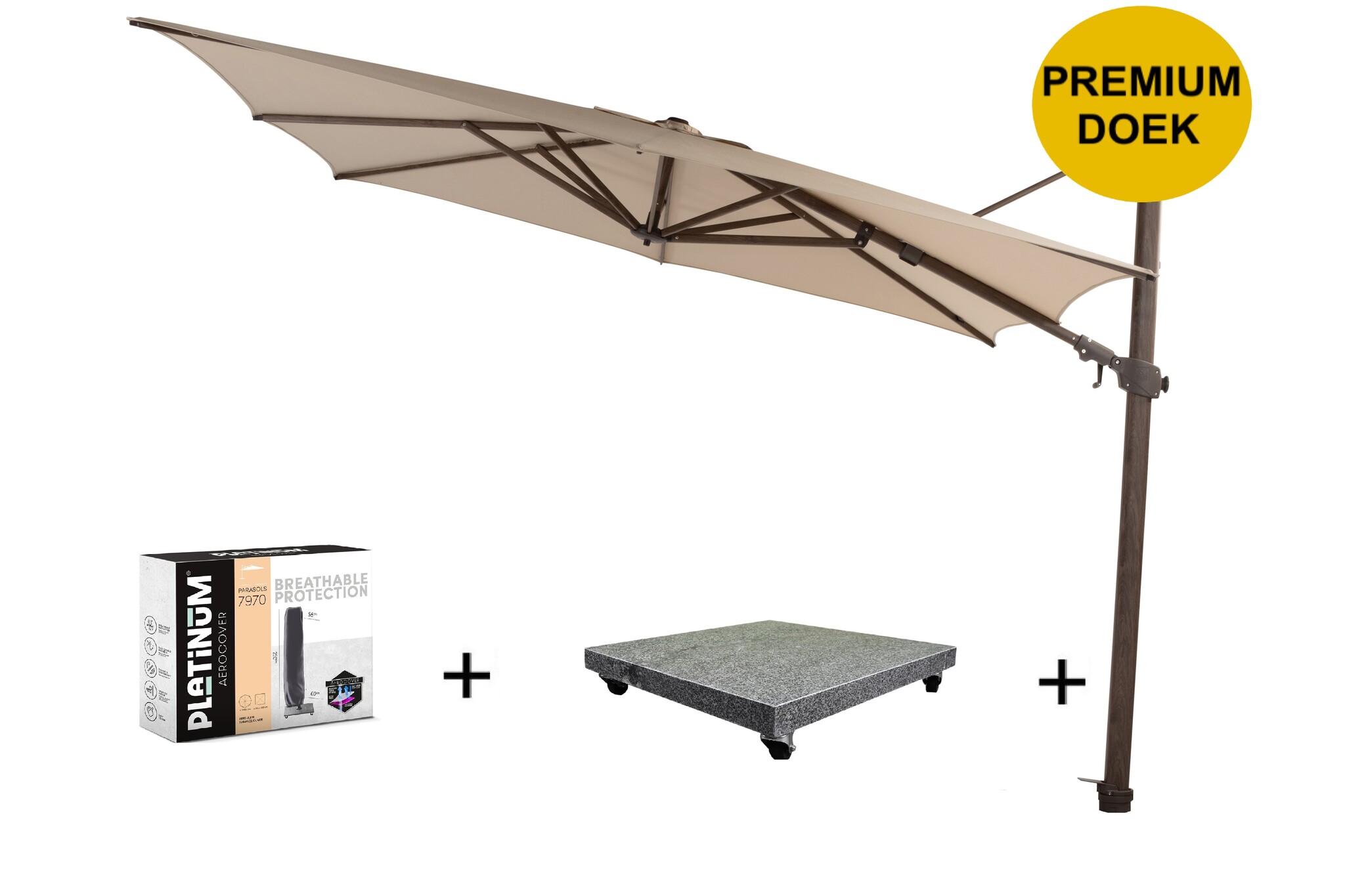 4 Seasons Outdoor Siesta premium zweefparasol 300x300 cm wenge frame beach  met 90KG voet en hoes