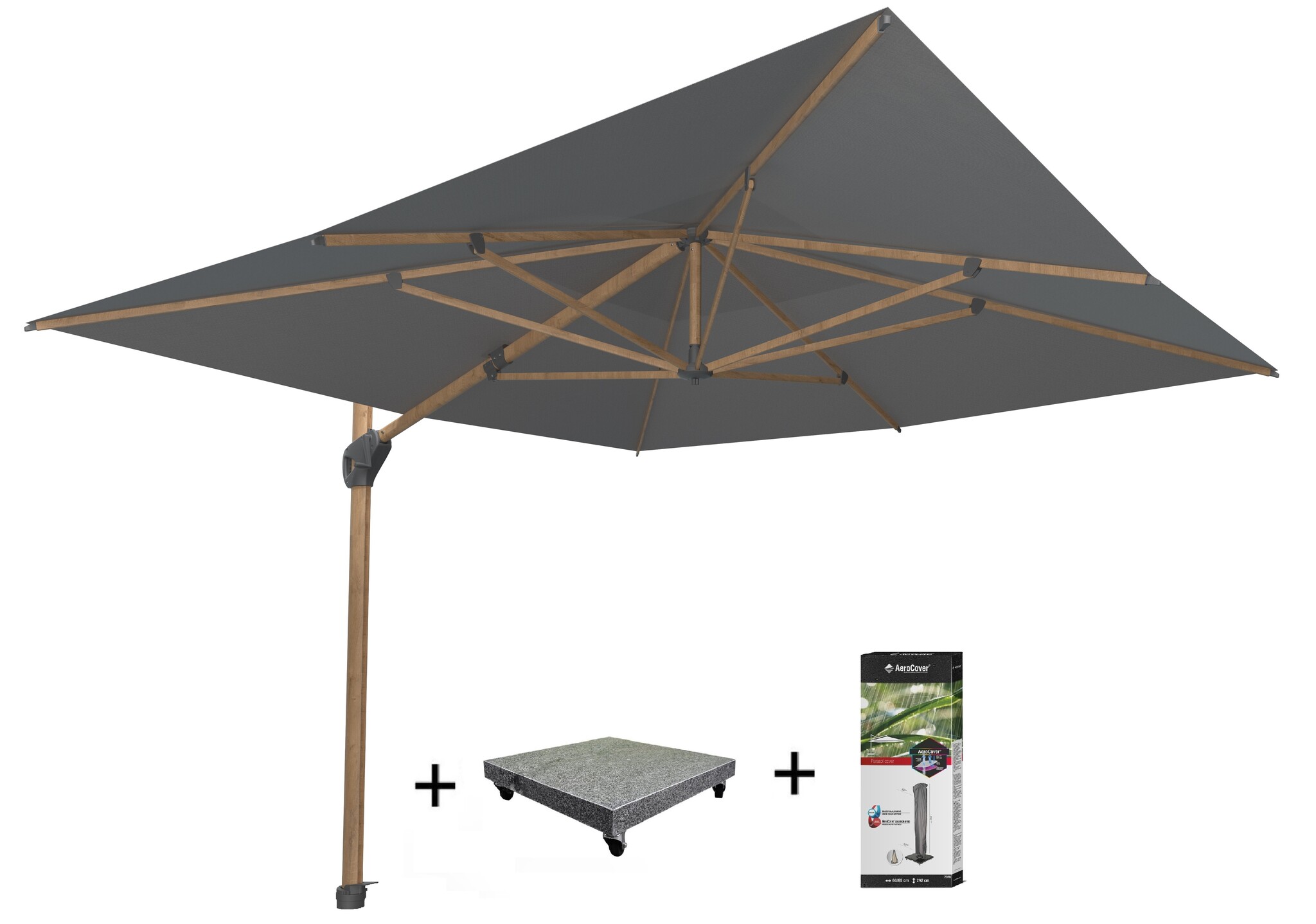 Taste 4SO Hacienda zweefparasol 300x400 cm houtlook frame charcoal 4 Seasons Outdoor met 120 KG voet en hoes