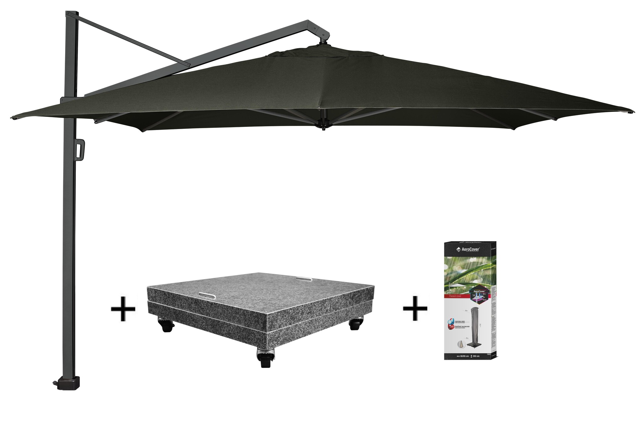 Platinum Icon zweefparasol 350x350 cm faded black met 150 KG voet en hoes