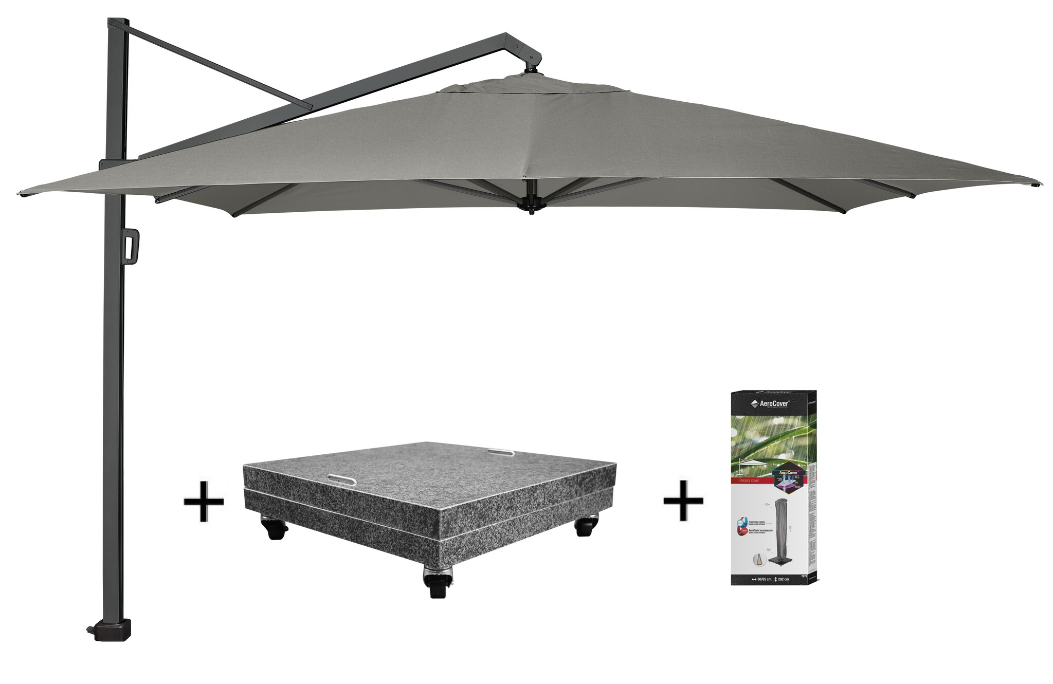 Platinum Icon zweefparasol 350x350 cm manhattan met 150 KG voet en hoes