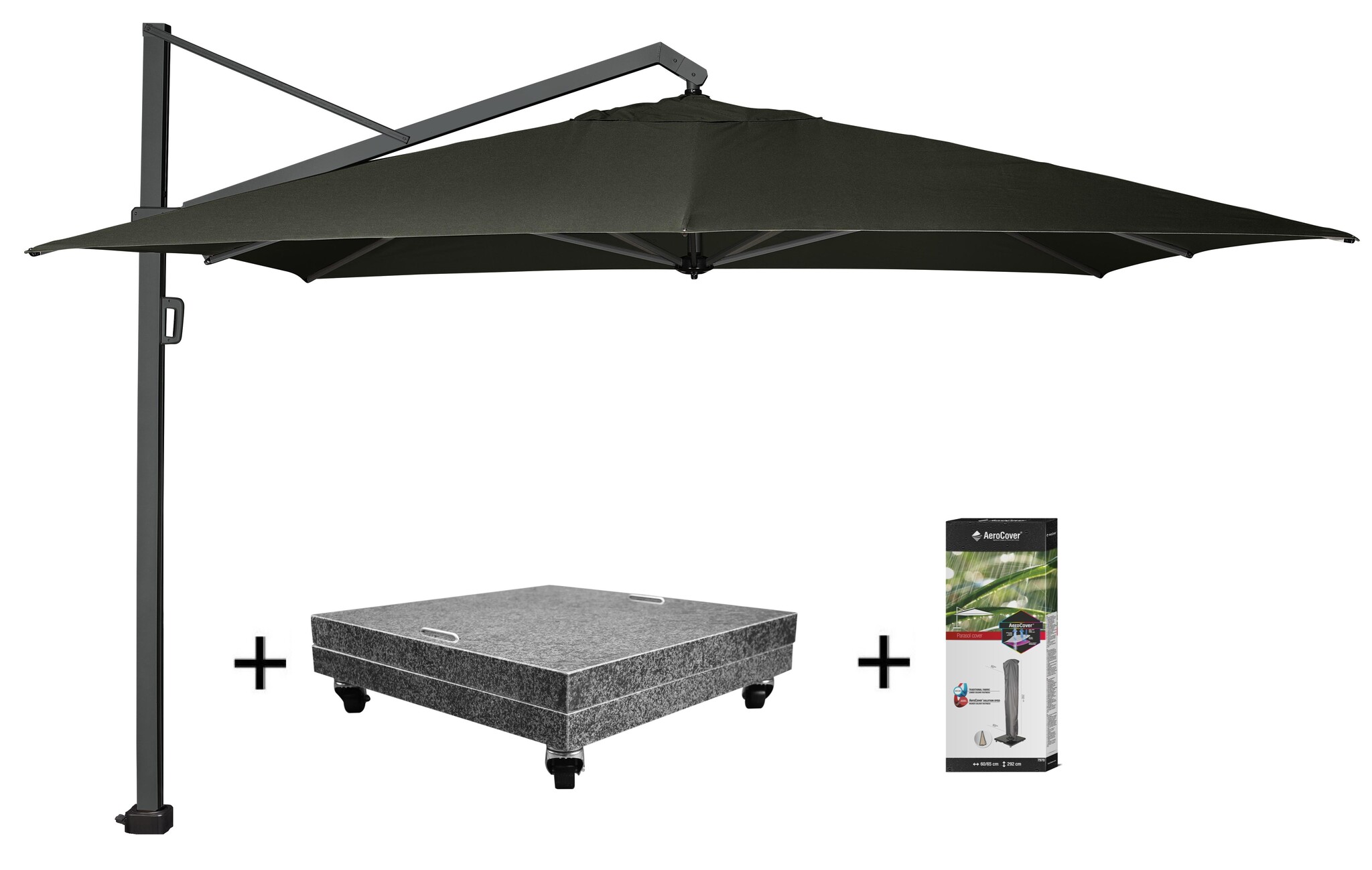 Platinum Icon zweefparasol 400x300 cm faded black met 150 KG voet en hoes