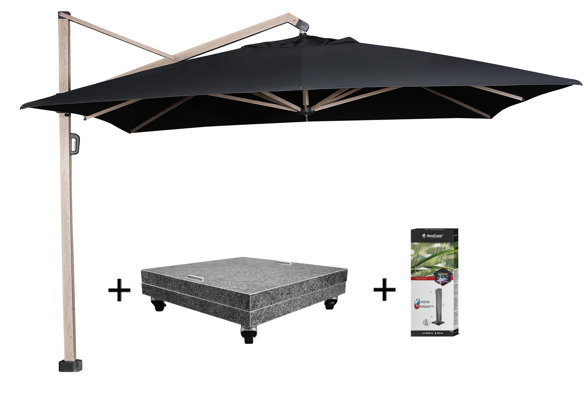 Platinum Icon zweefparasol 400x300 cm oak mast faded black met 150 KG voet en hoes