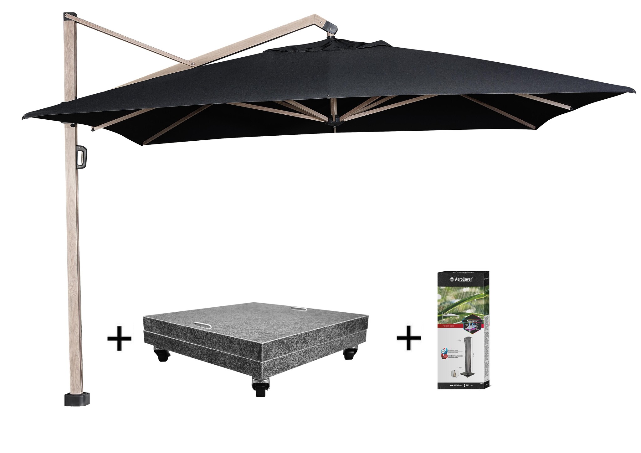 Platinum Icon zweefparasol 350x350 cm oak mast faded black met 150KG voet en hoes